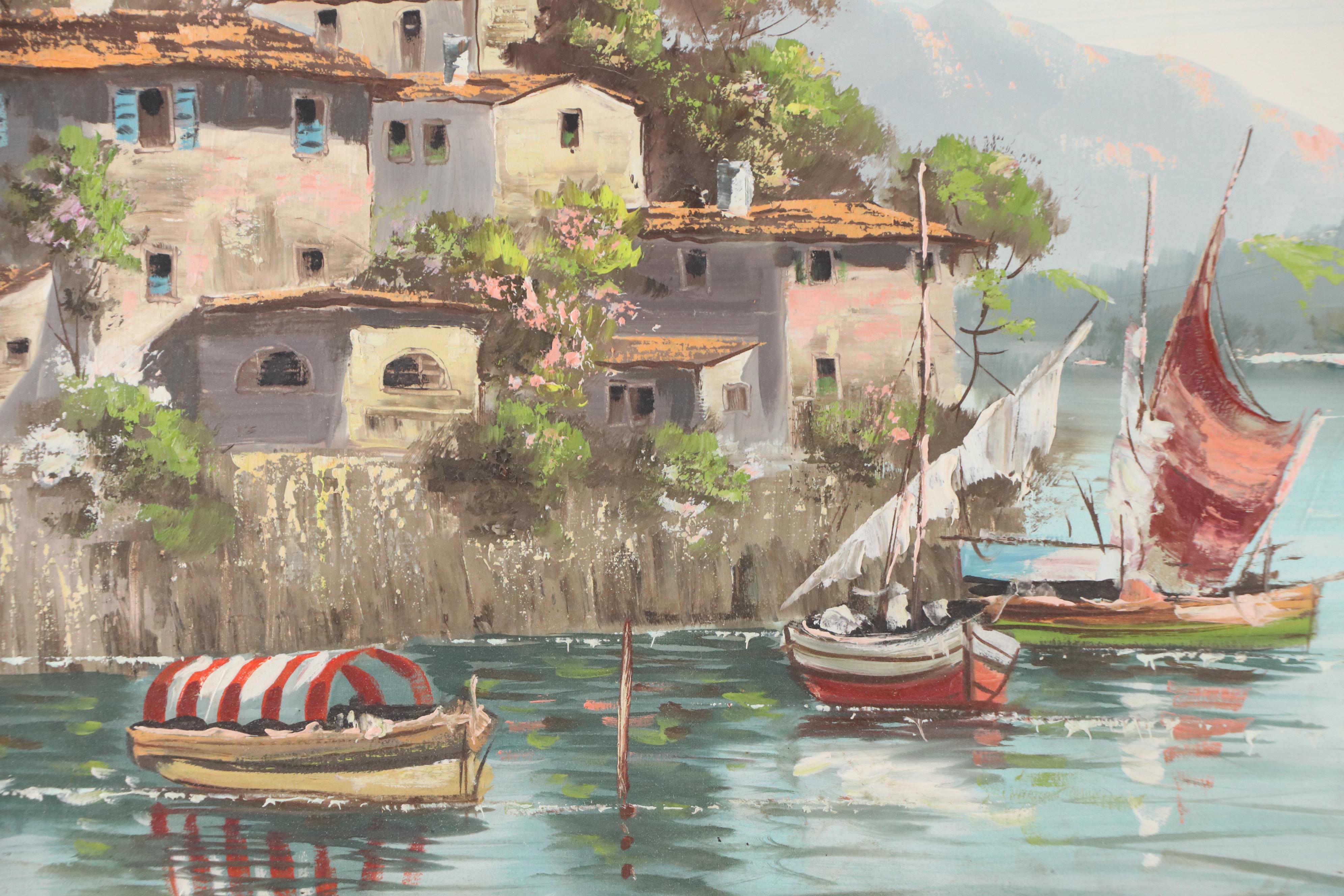 Henri Berté Oil Painting of Villas on a Harbor, Mid-20th Century