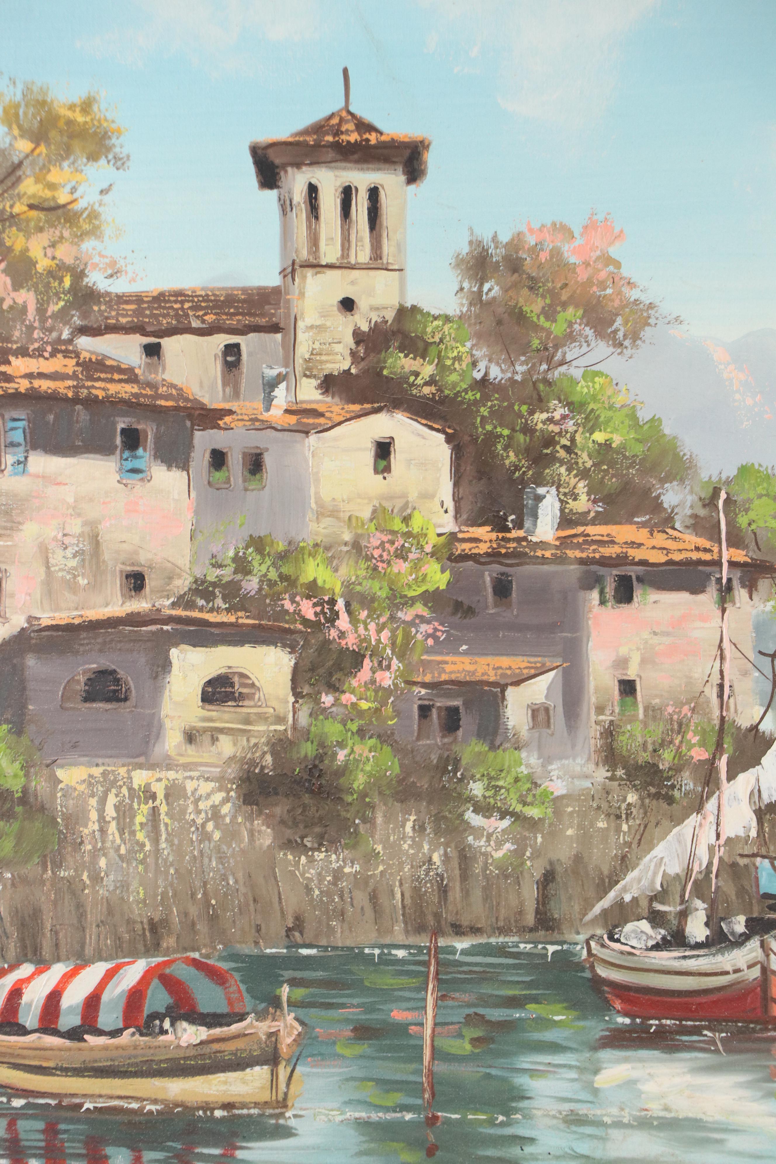 Henri Berté Oil Painting of Villas on a Harbor, Mid-20th Century