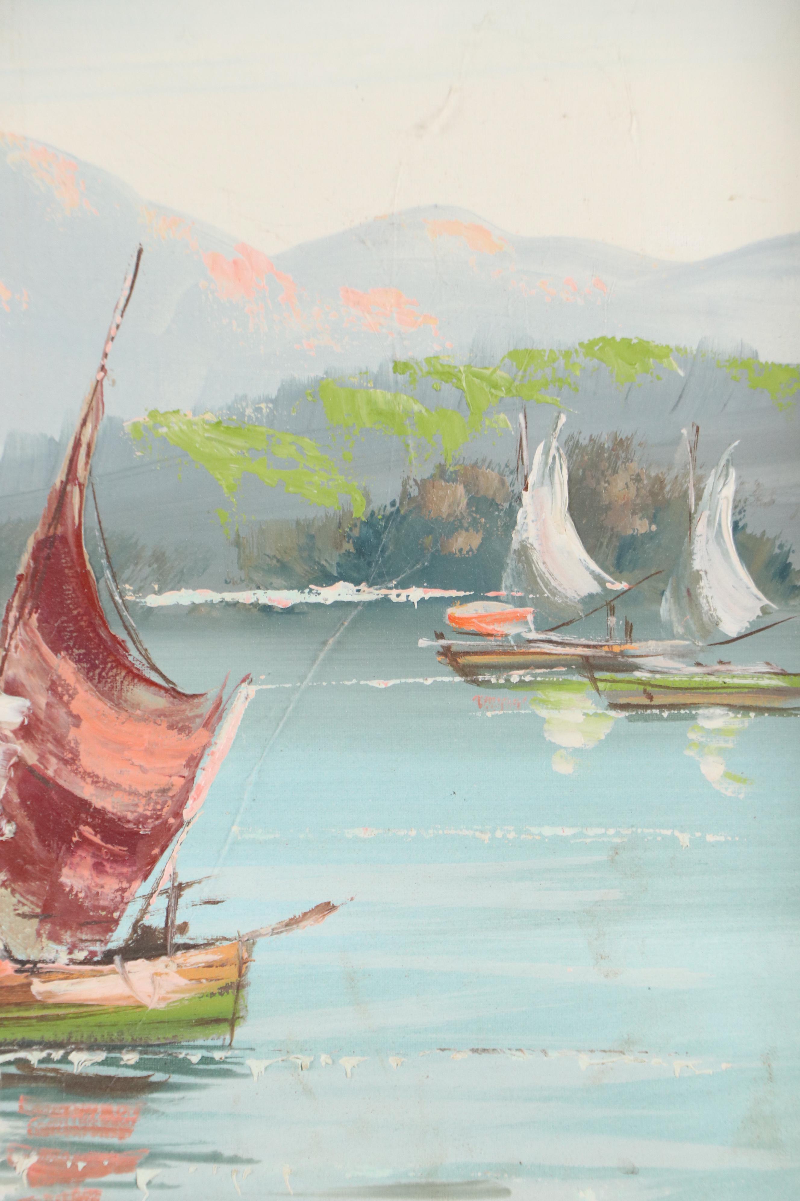 Henri Berté Oil Painting of Villas on a Harbor, Mid-20th Century