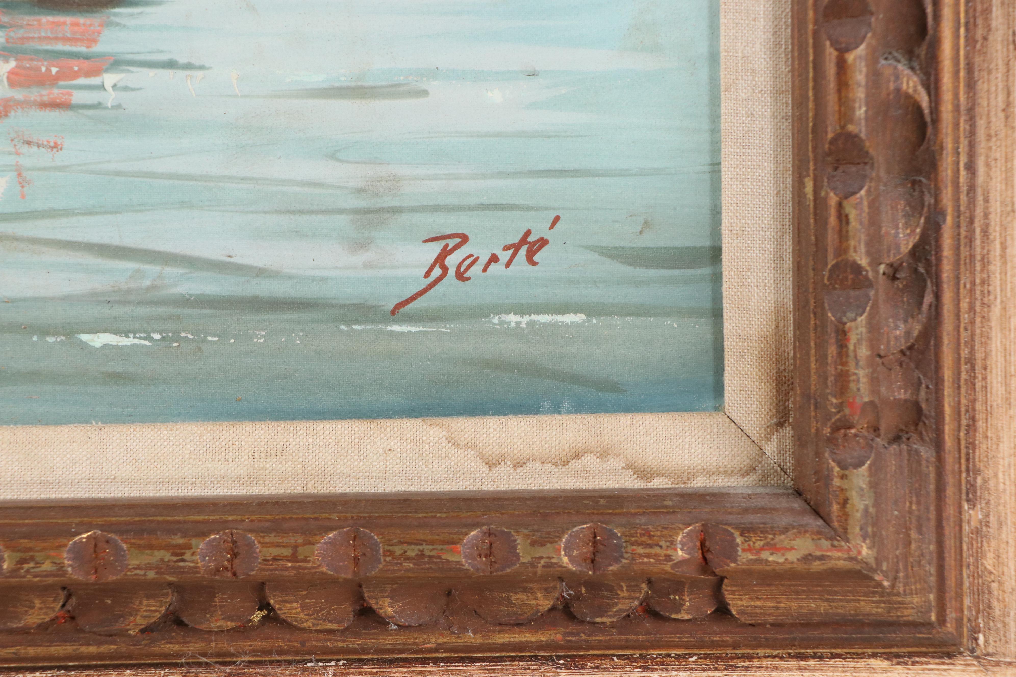 Henri Berté Oil Painting of Villas on a Harbor, Mid-20th Century