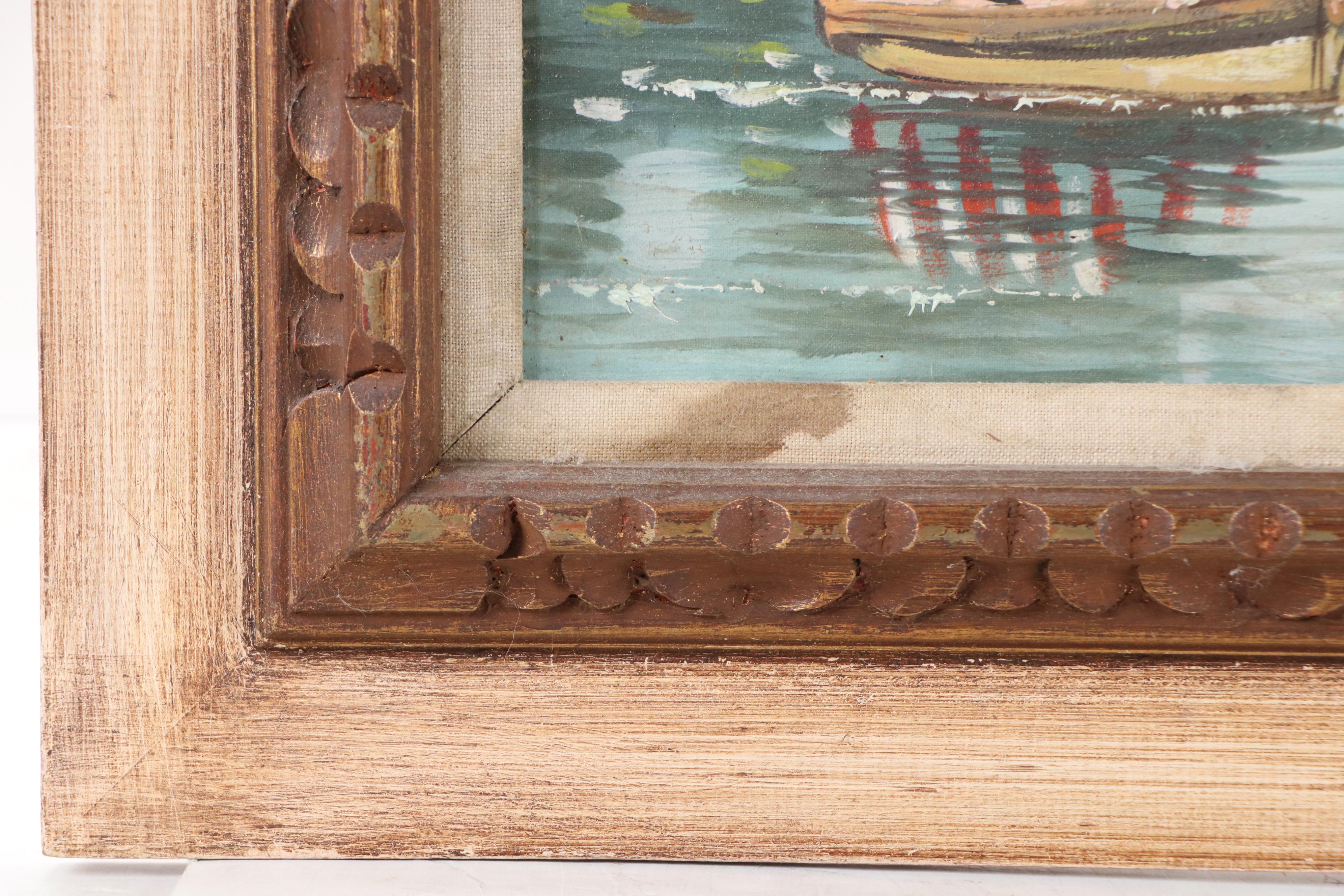 Henri Berté Oil Painting of Villas on a Harbor, Mid-20th Century