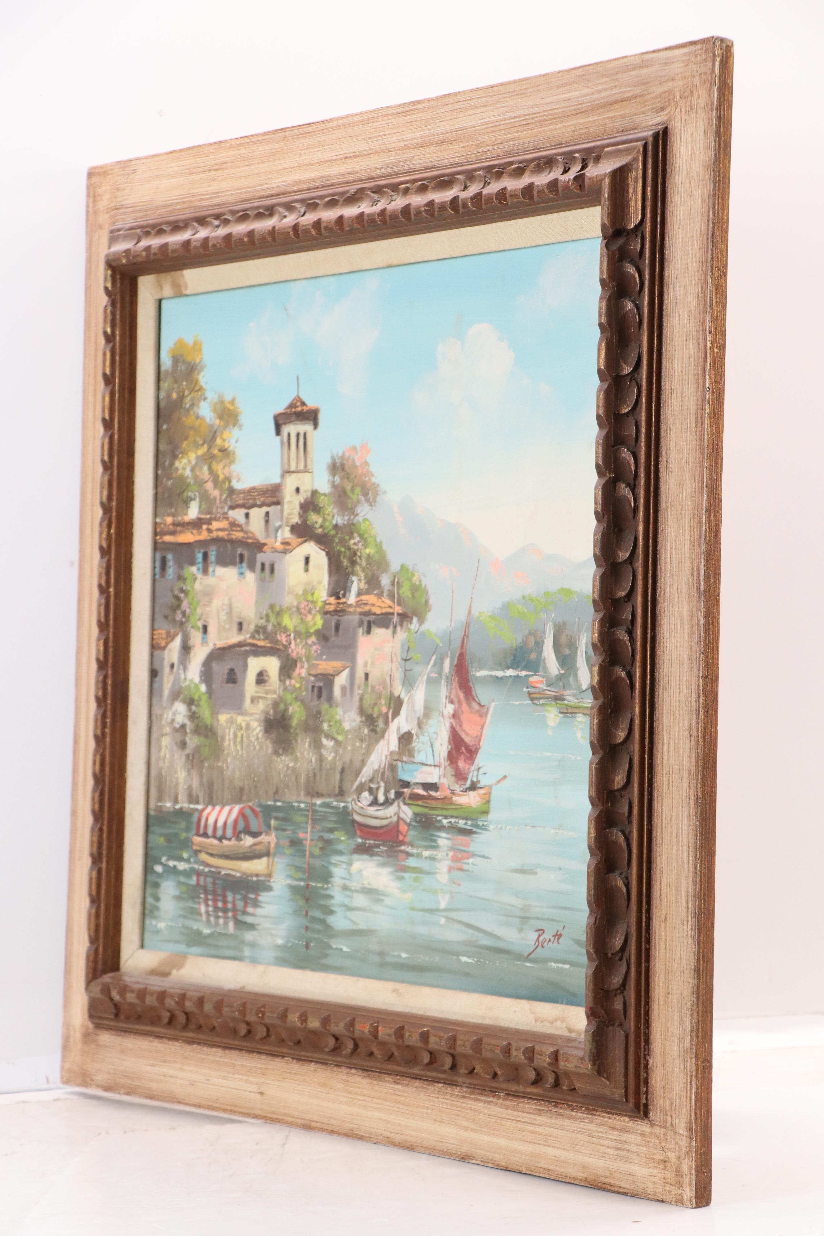 Henri Berté Oil Painting of Villas on a Harbor, Mid-20th Century