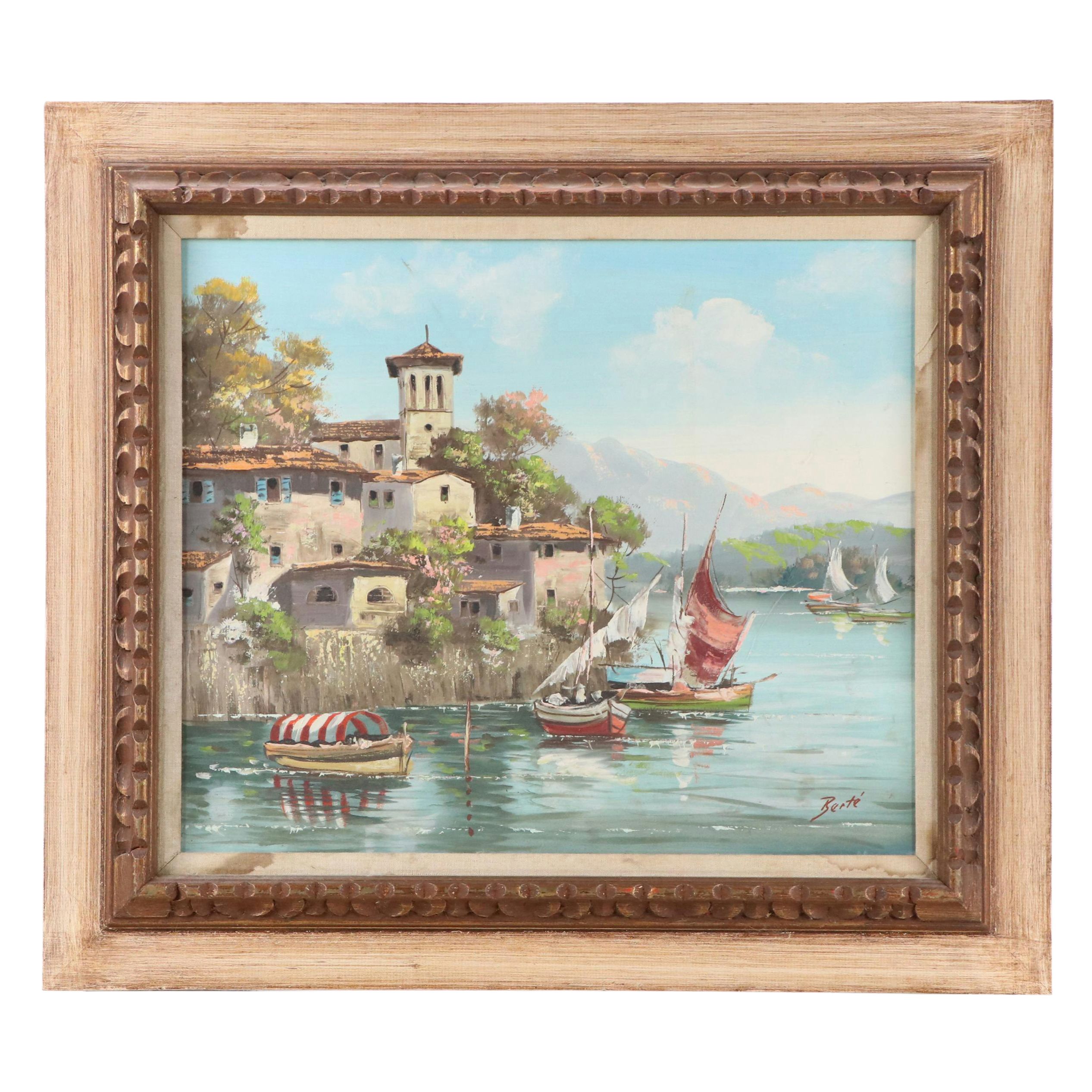 Henri Berté Oil Painting of Villas on a Harbor, Mid-20th Century
