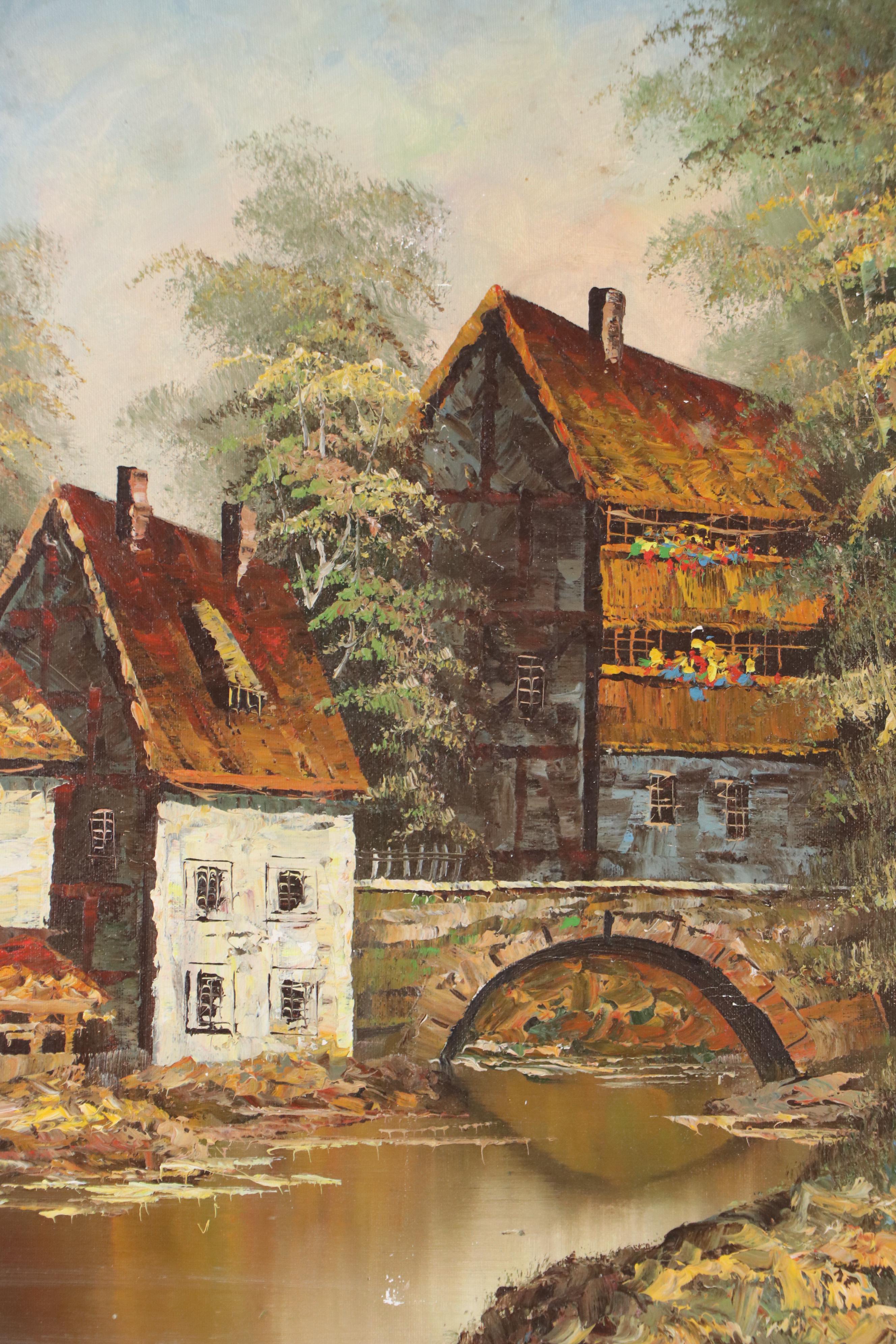 Oil Painting of Alpine Village On a Stream, Mid-20th Century