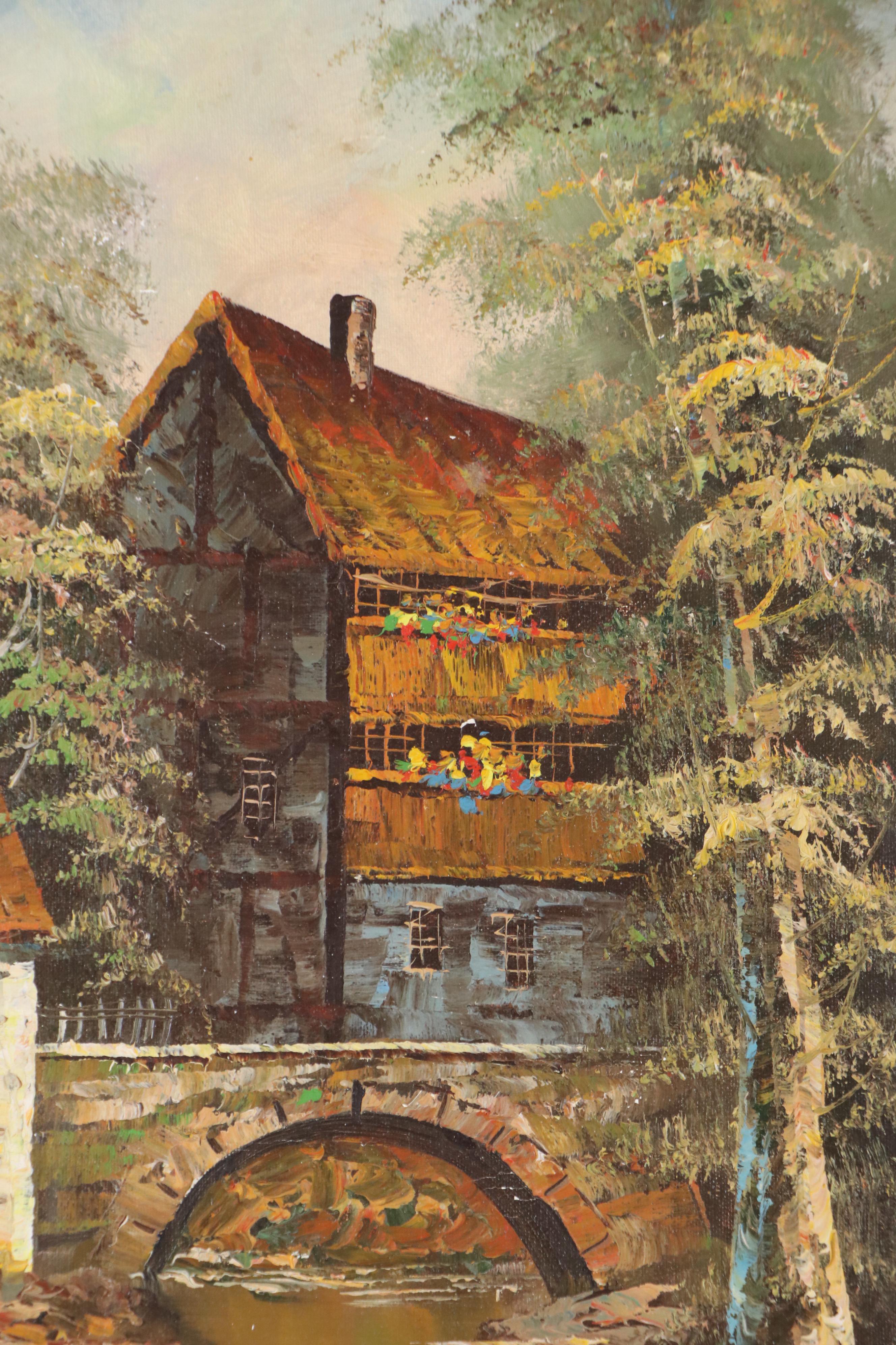 Oil Painting of Alpine Village On a Stream, Mid-20th Century