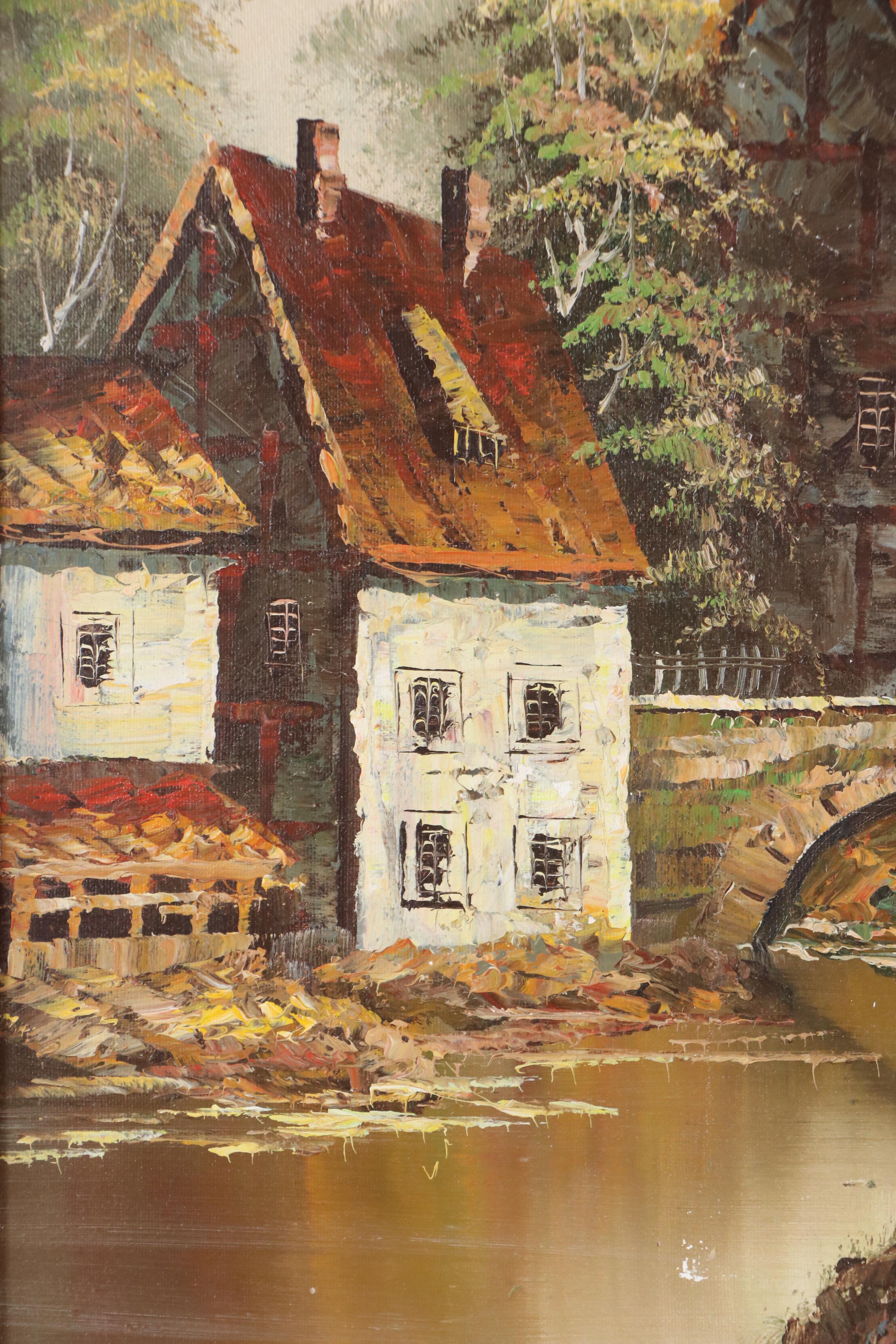 Oil Painting of Alpine Village On a Stream, Mid-20th Century