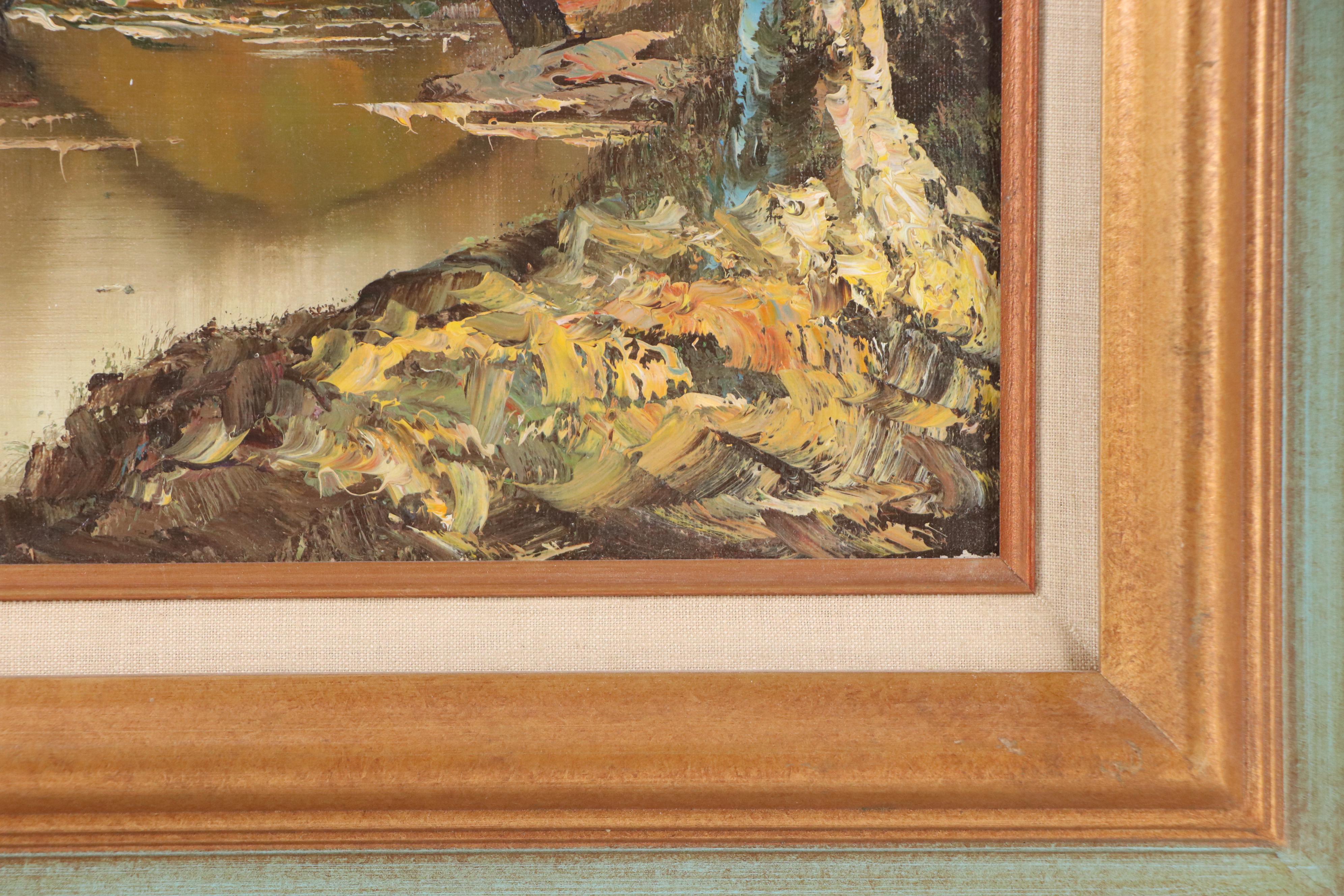 Oil Painting of Alpine Village On a Stream, Mid-20th Century