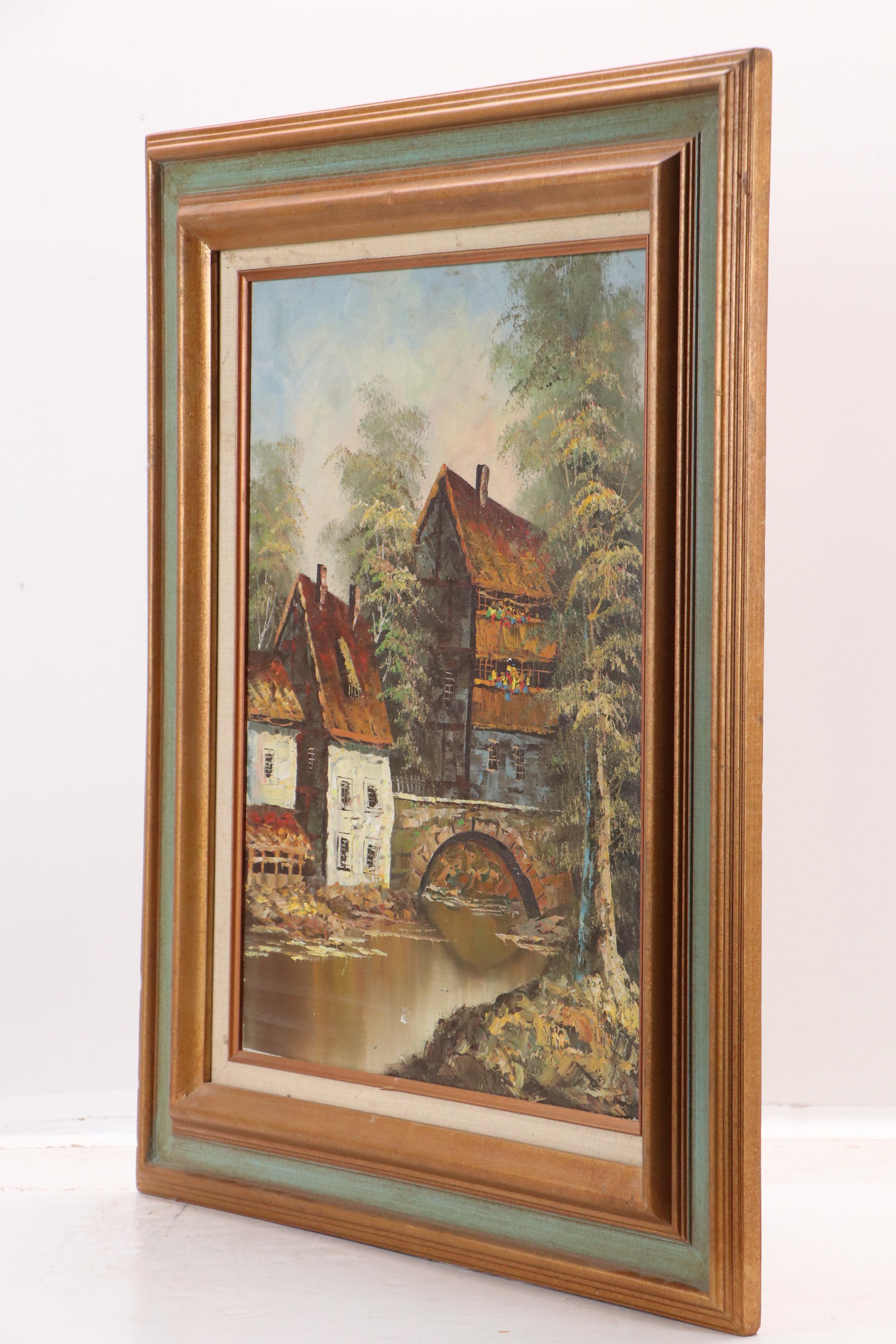 Oil Painting of Alpine Village On a Stream, Mid-20th Century