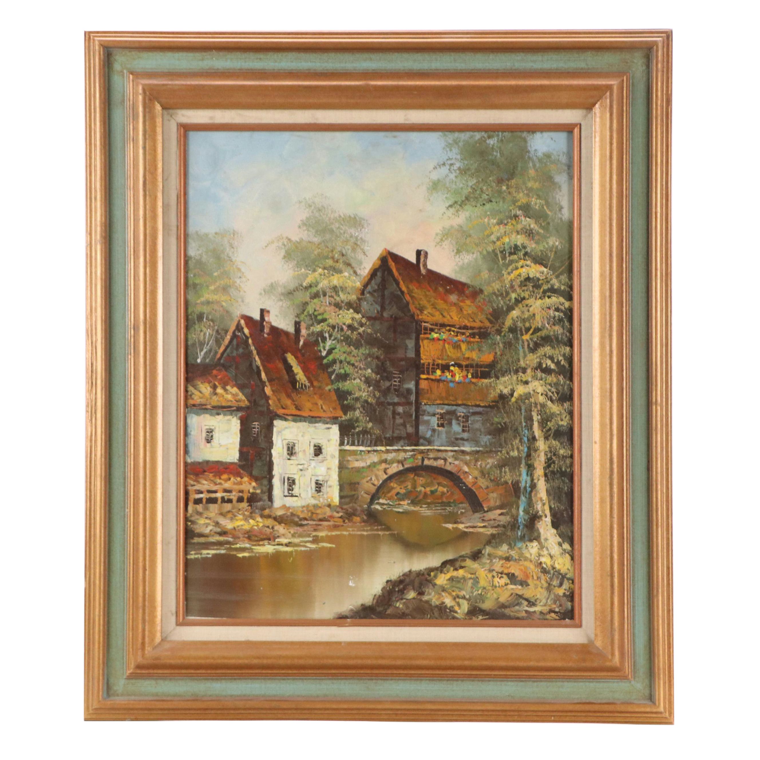 Oil Painting of Alpine Village On a Stream, Mid-20th Century