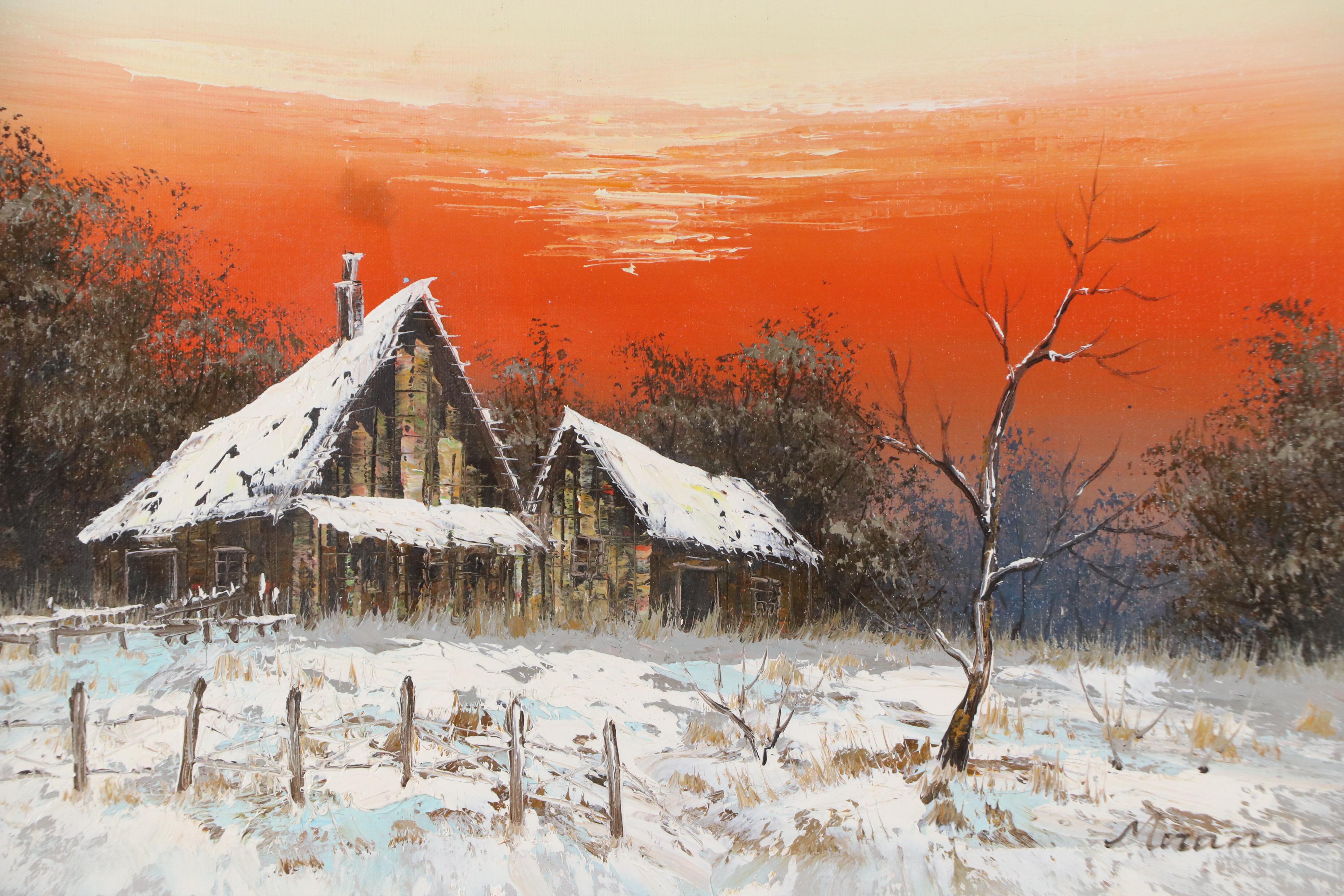 Oil Painting of Snowy Cabin at Sunset, Mid-20th Century