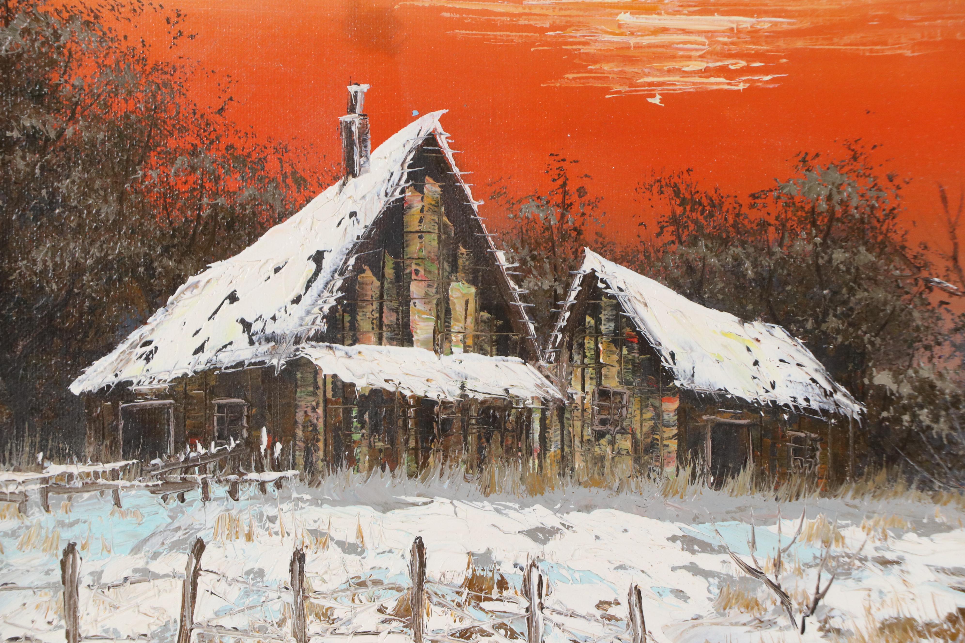 Oil Painting of Snowy Cabin at Sunset, Mid-20th Century