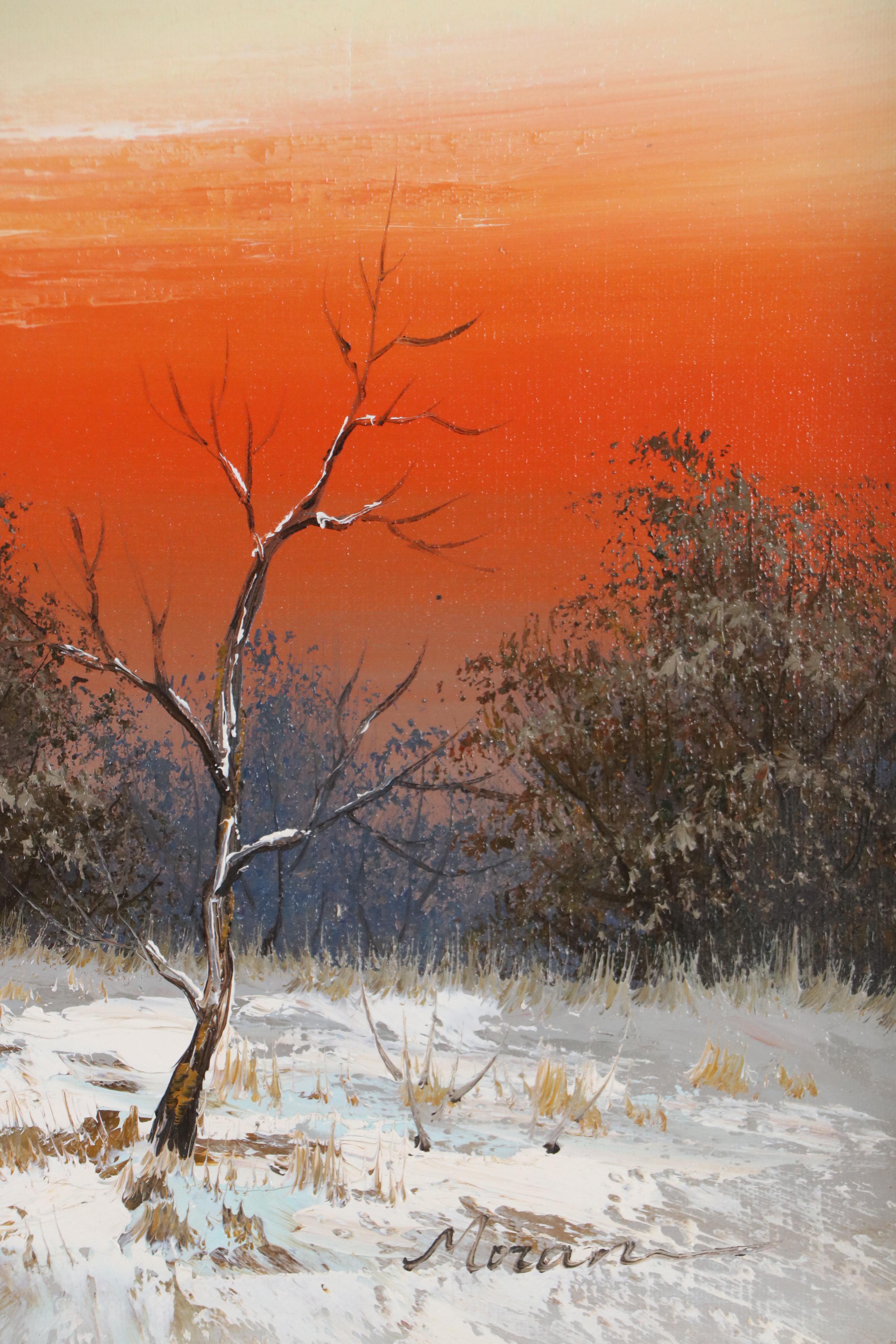 Oil Painting of Snowy Cabin at Sunset, Mid-20th Century