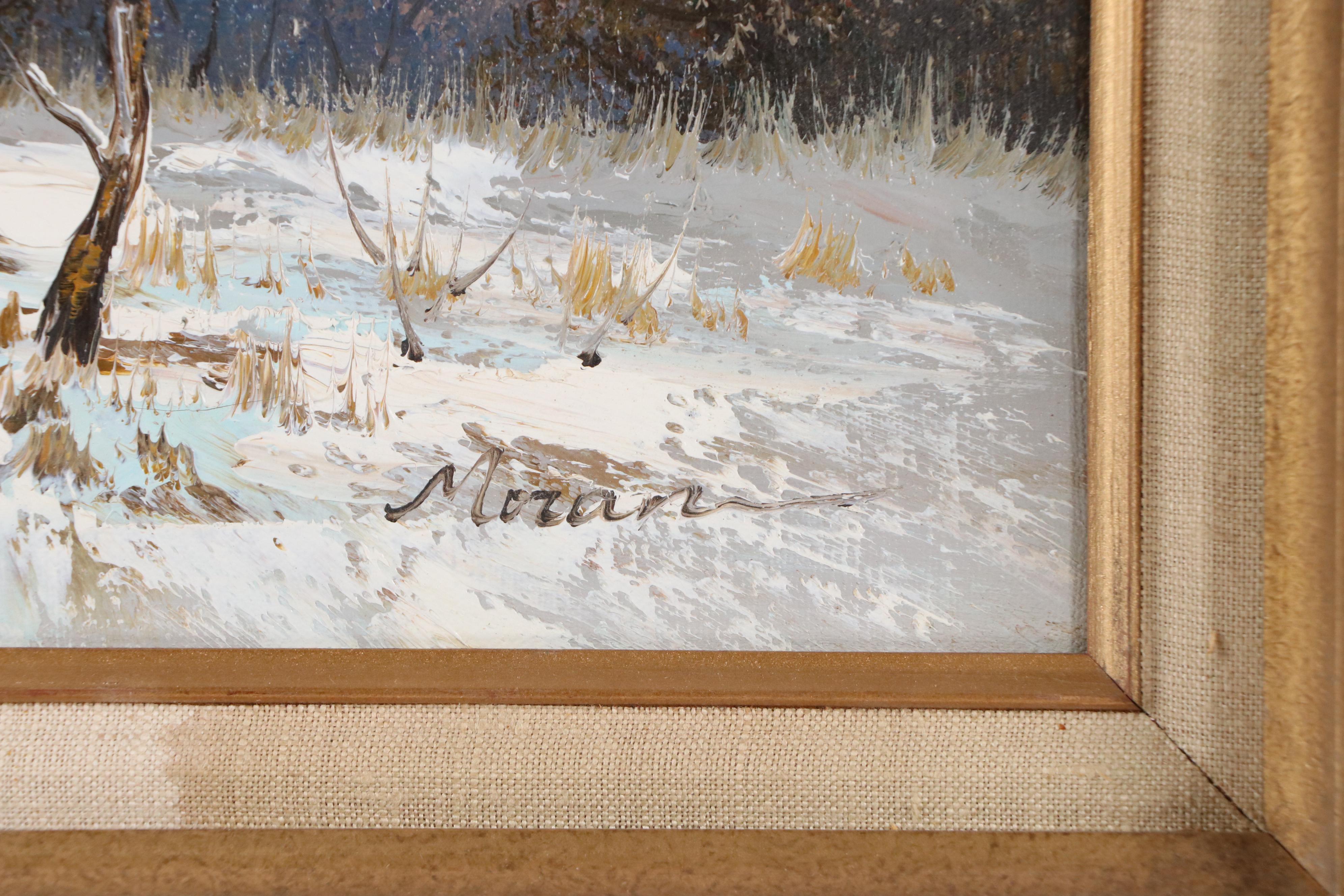 Oil Painting of Snowy Cabin at Sunset, Mid-20th Century