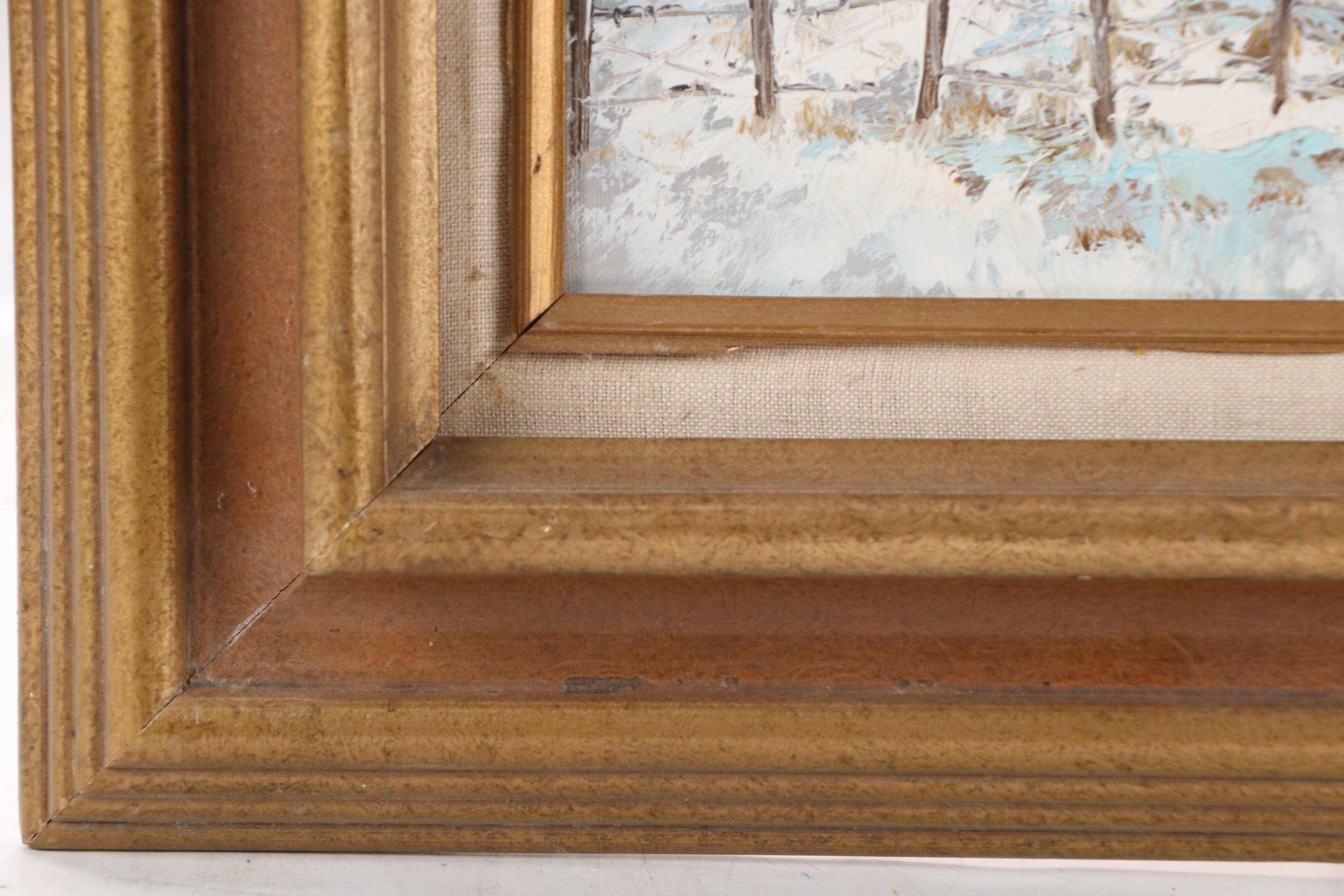 Oil Painting of Snowy Cabin at Sunset, Mid-20th Century