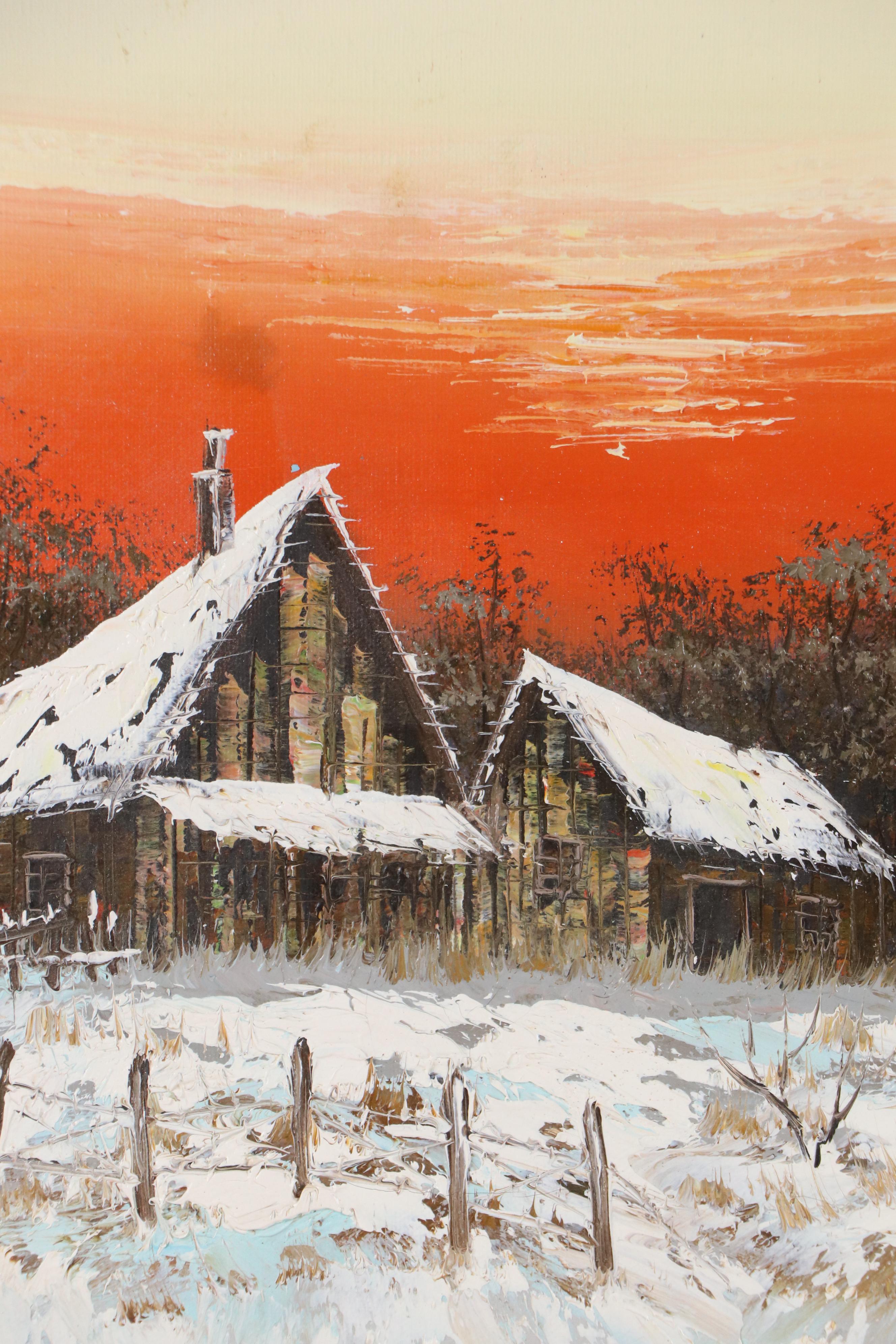 Oil Painting of Snowy Cabin at Sunset, Mid-20th Century