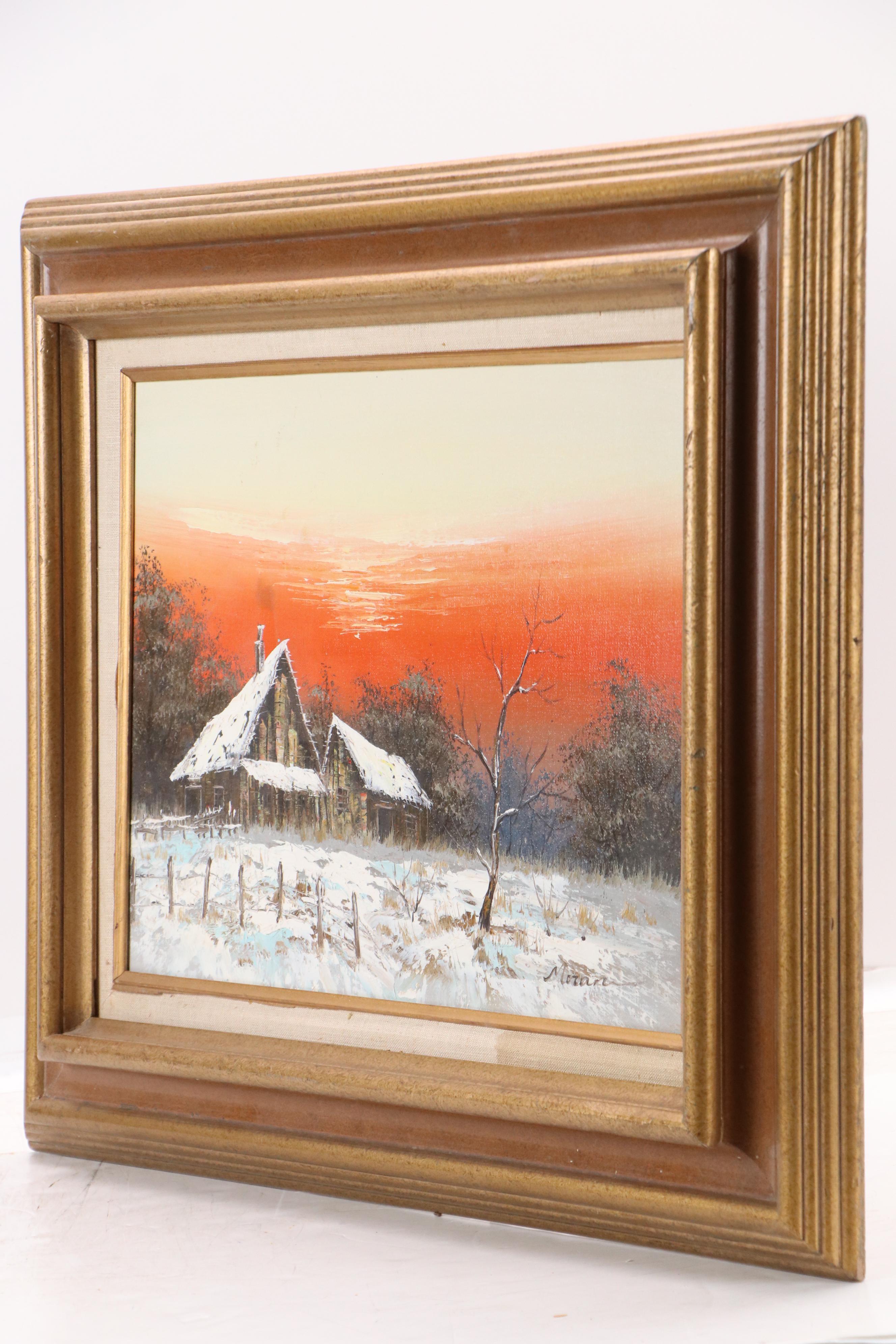 Oil Painting of Snowy Cabin at Sunset, Mid-20th Century