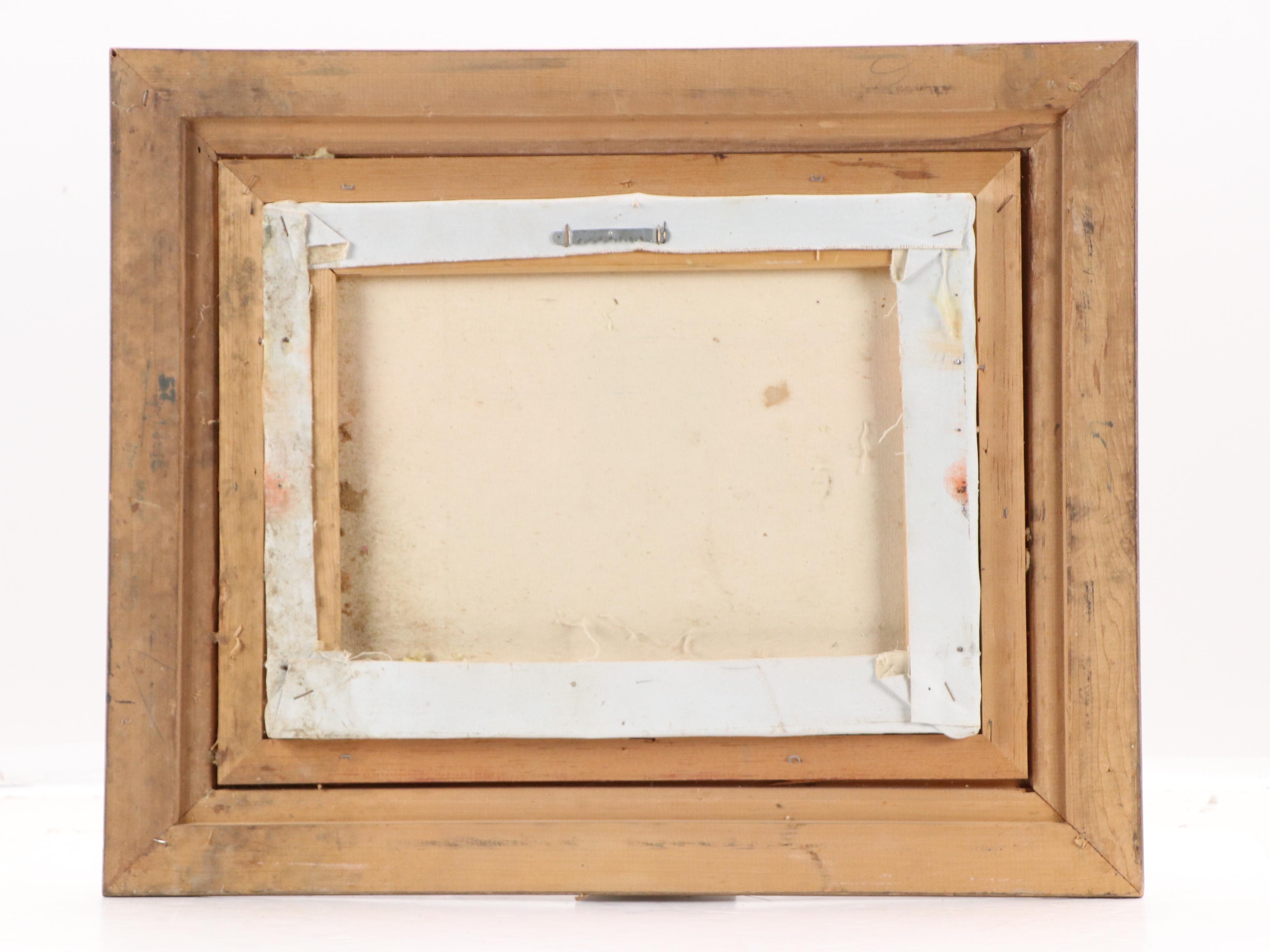 Oil Painting of Snowy Cabin at Sunset, Mid-20th Century