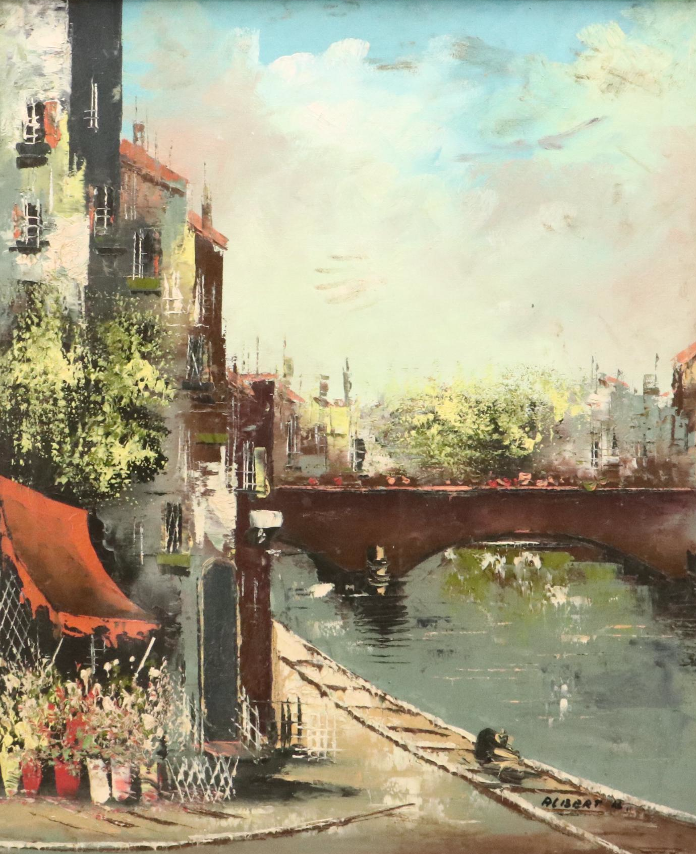 Oil Painting of European Street Scene, Mid-20th Century