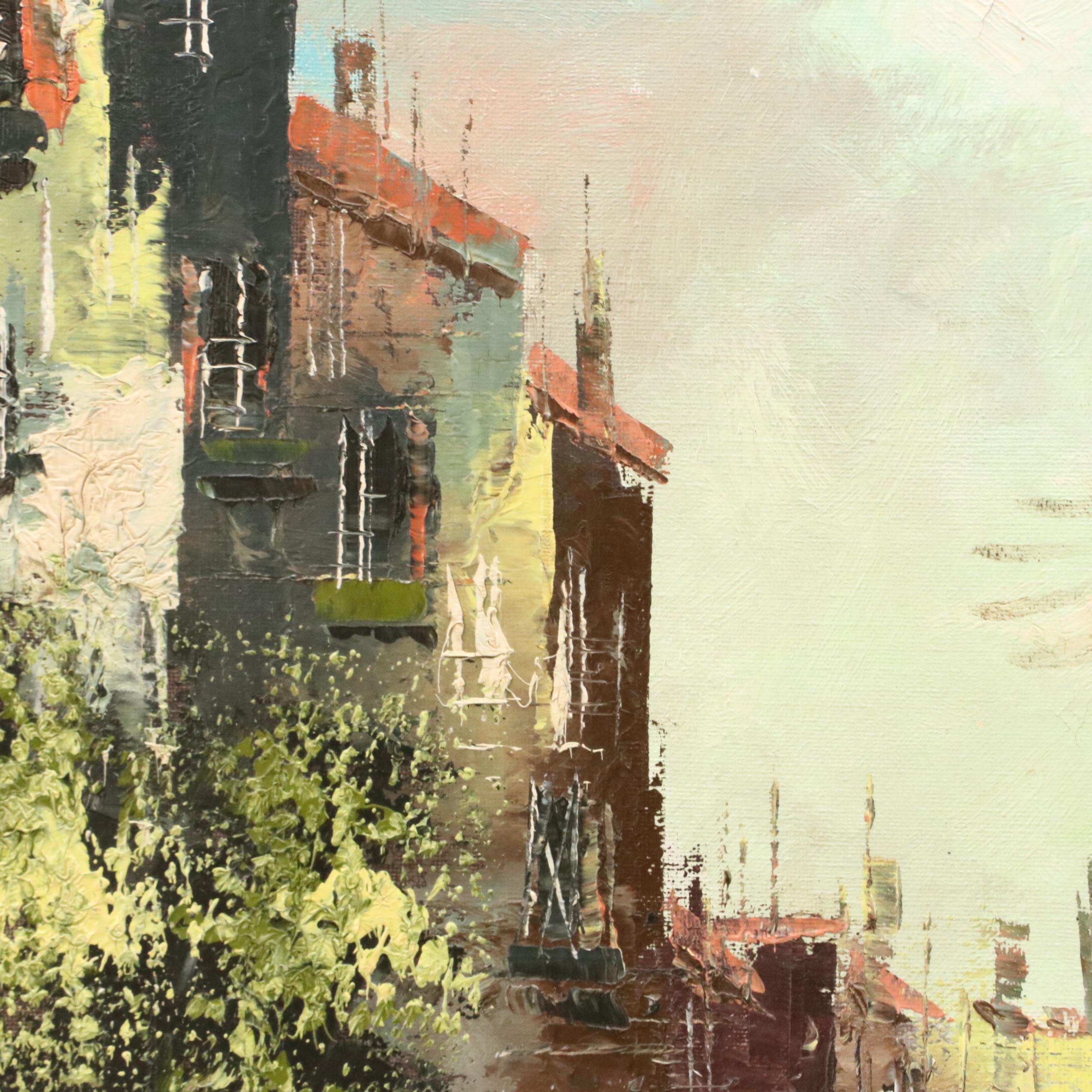 Oil Painting of European Street Scene, Mid-20th Century