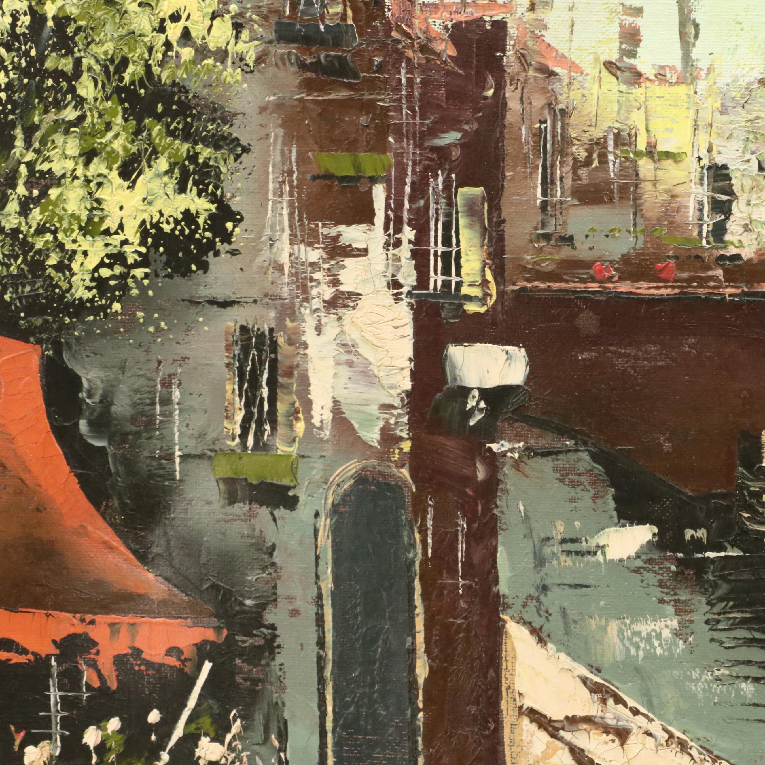 Oil Painting of European Street Scene, Mid-20th Century