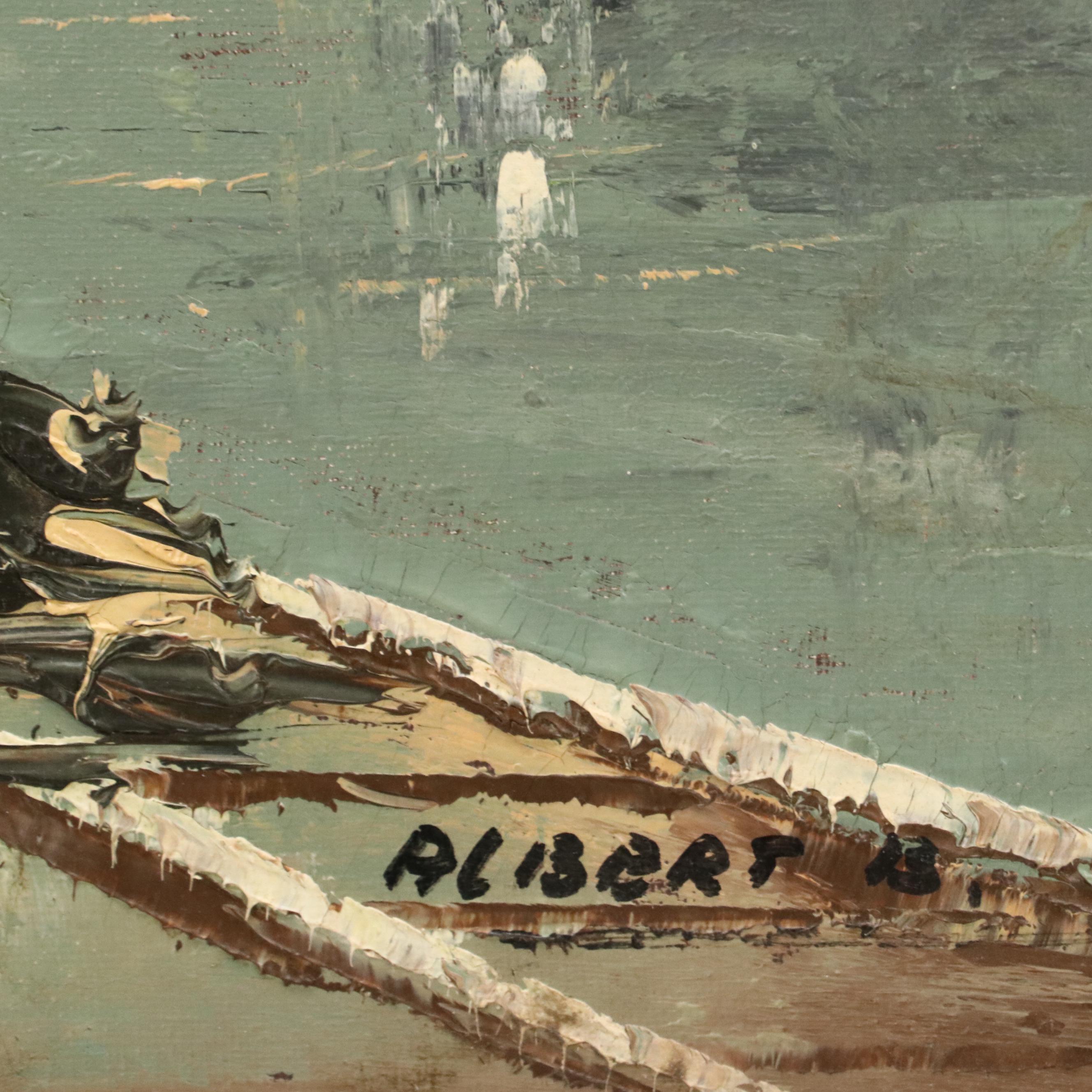 Oil Painting of European Street Scene, Mid-20th Century