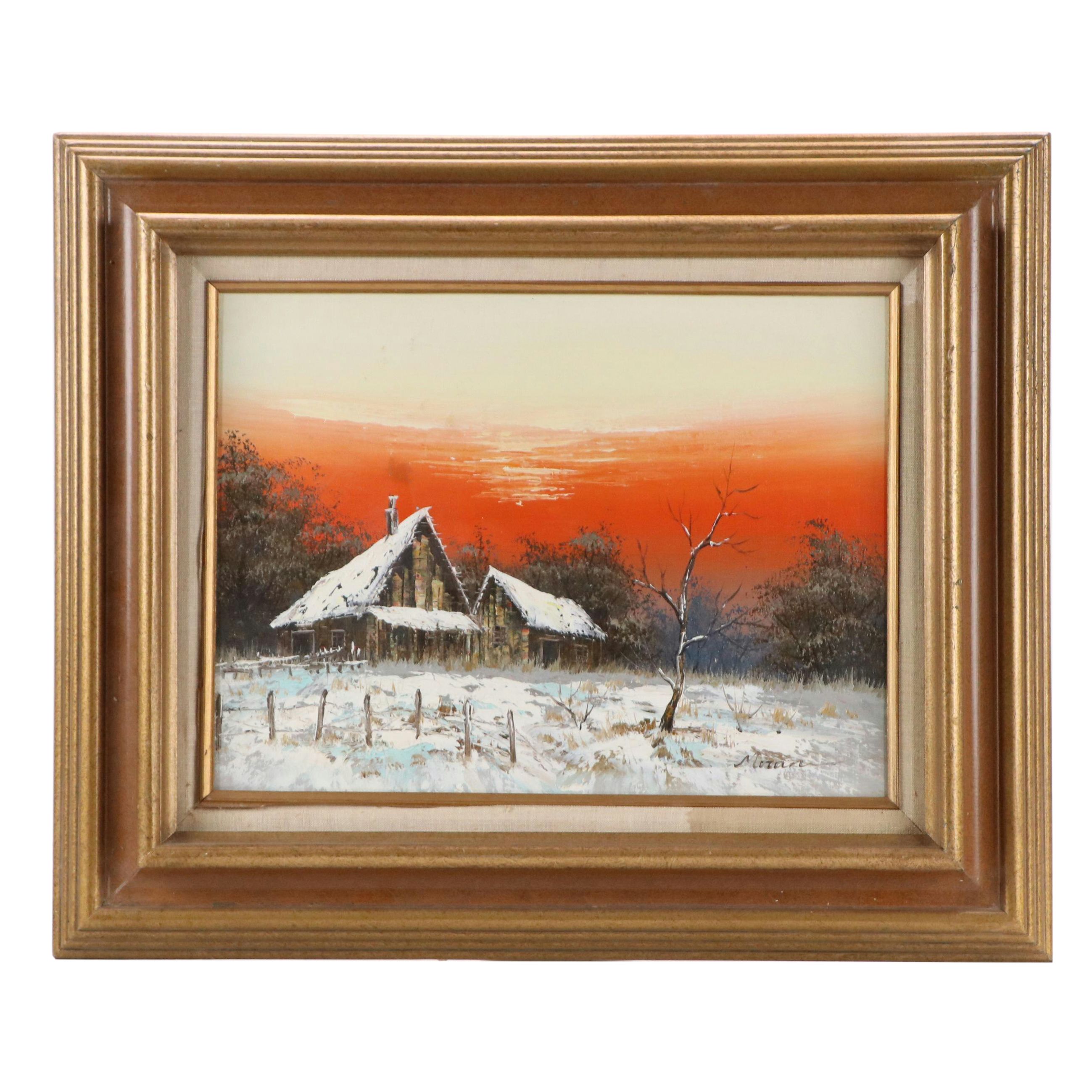 Oil Painting of Snowy Cabin at Sunset, Mid-20th Century