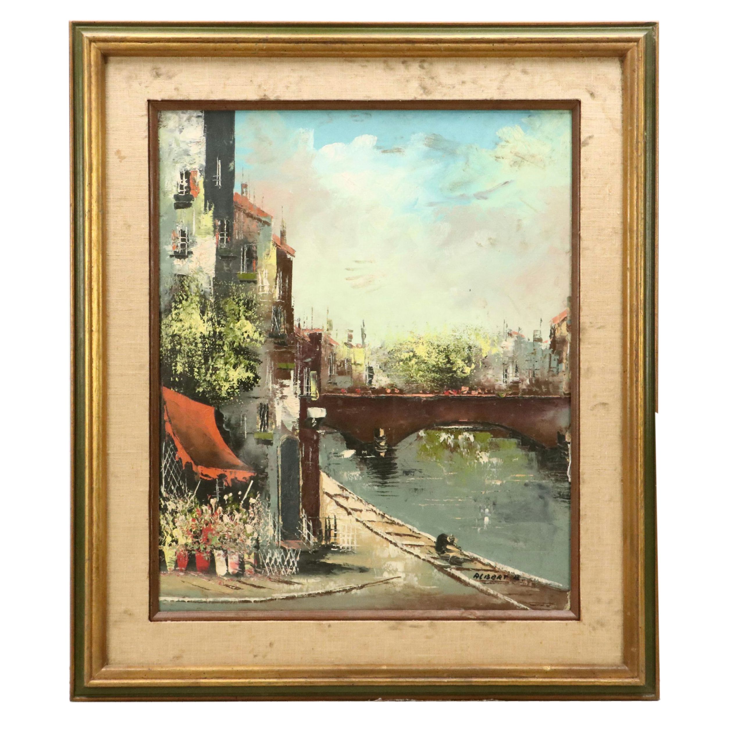 Oil Painting of European Street Scene, Mid-20th Century