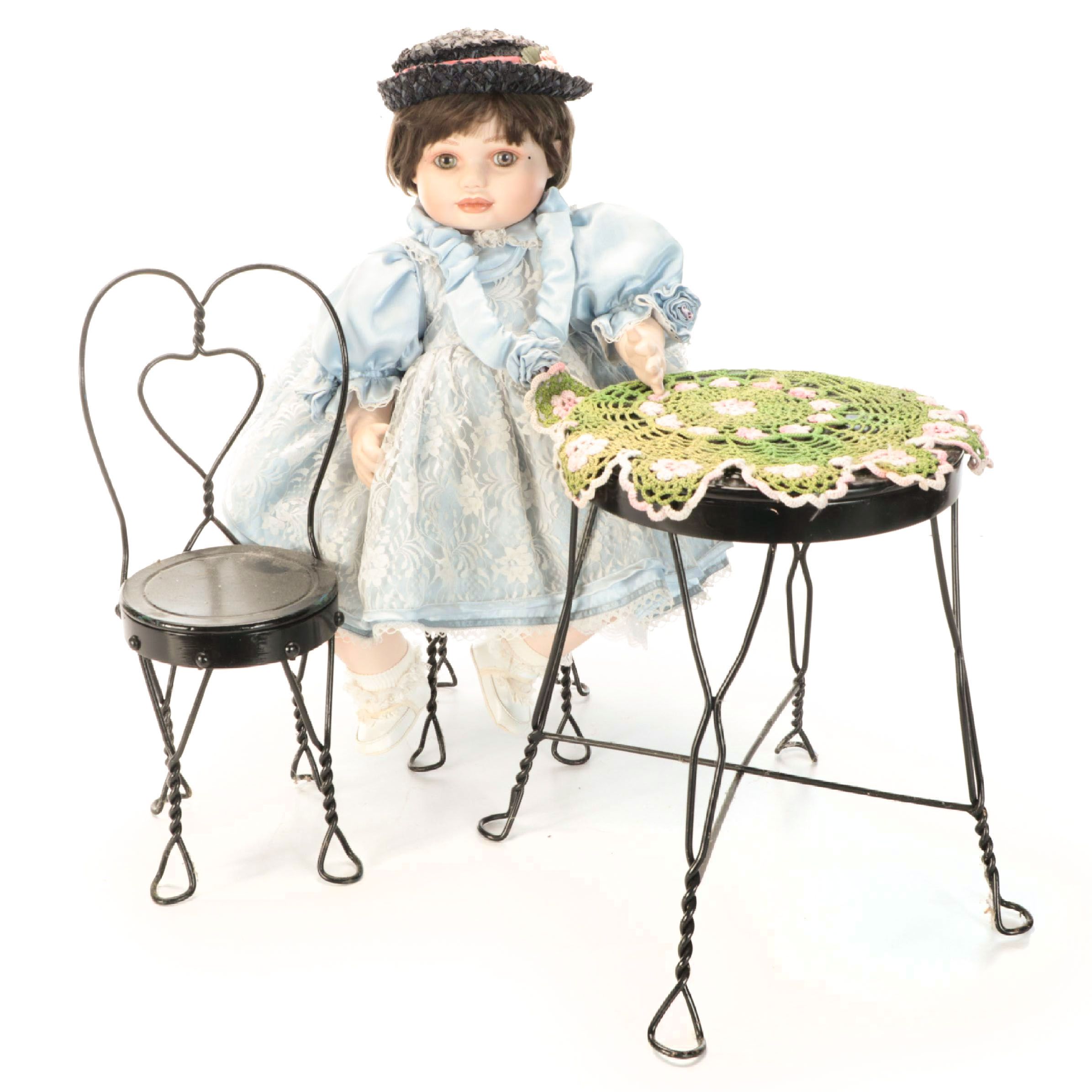 Marie Osmond Porcelain Doll with Miniature Metal Table Set and Crocheted Doily