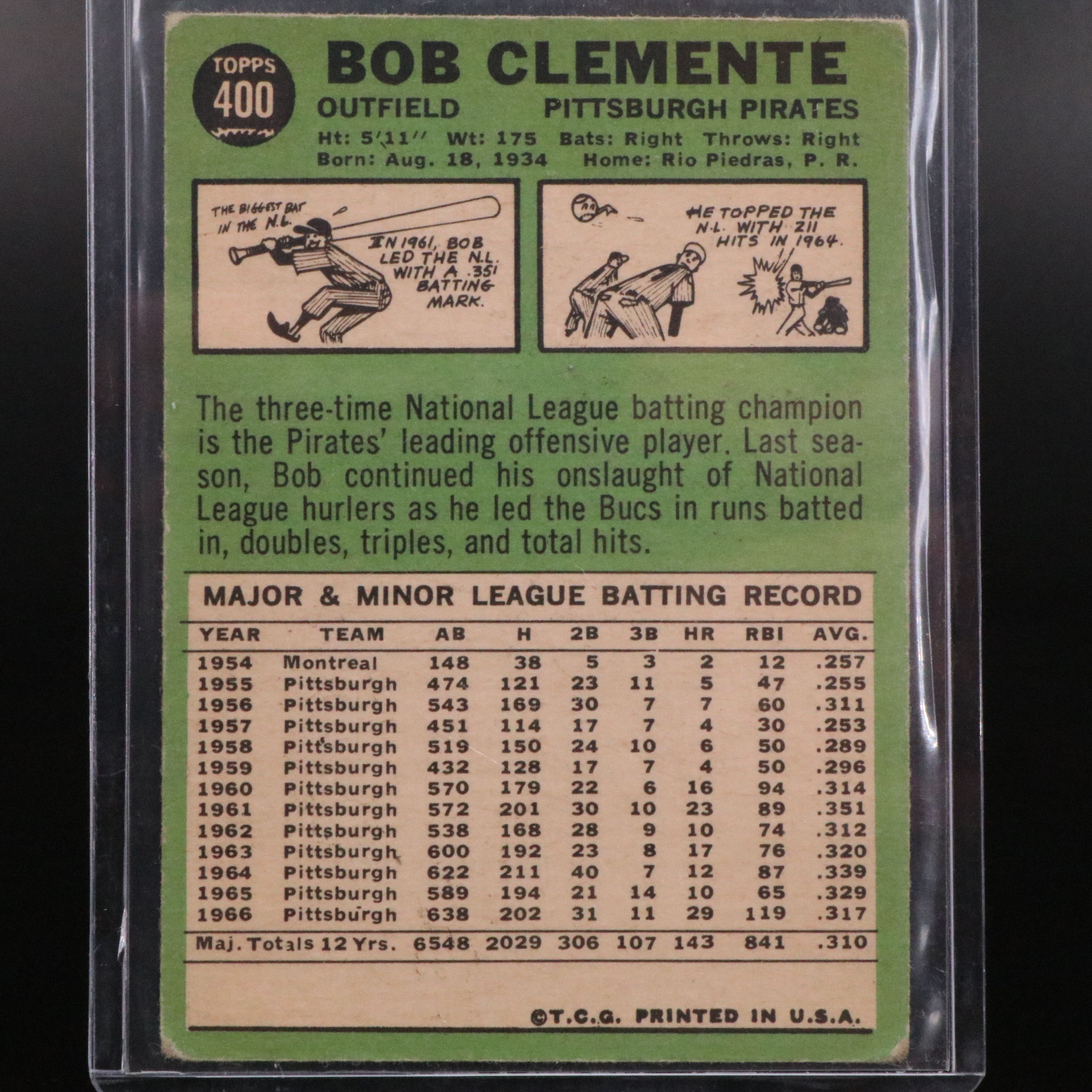 1967 Topps Roberto Clemente Pittsburgh Pirates Baseball Card