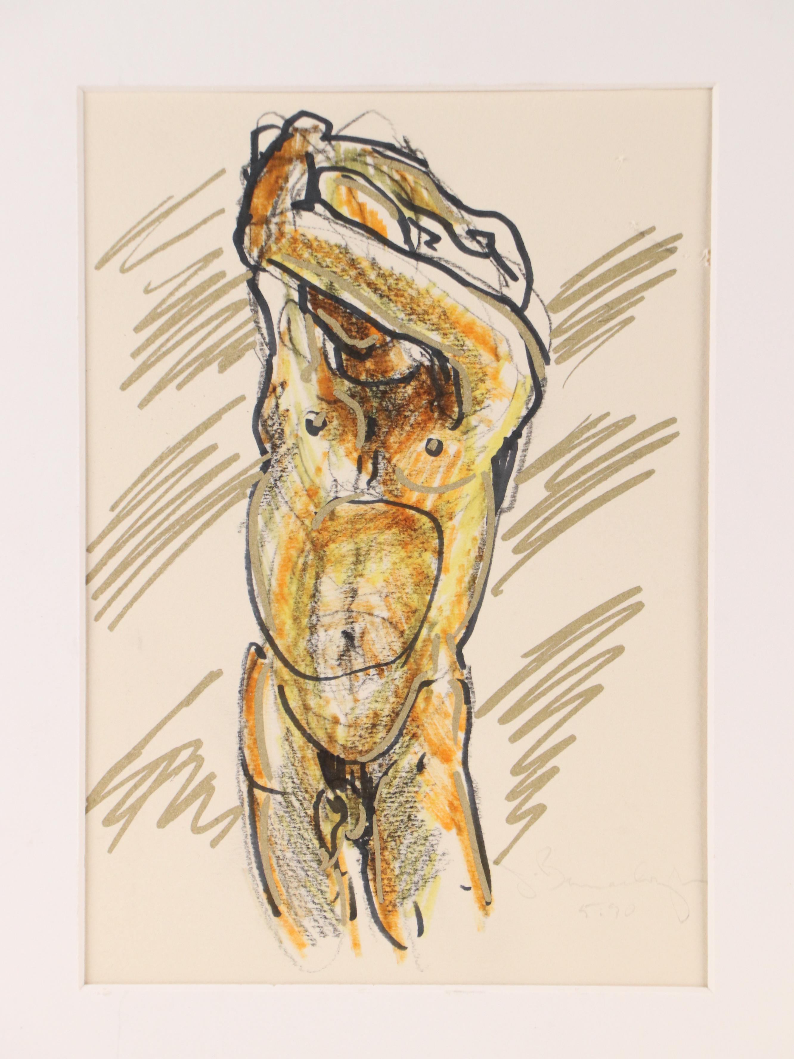 Mixed Media Figural Nude Portrait Drawings, 1990