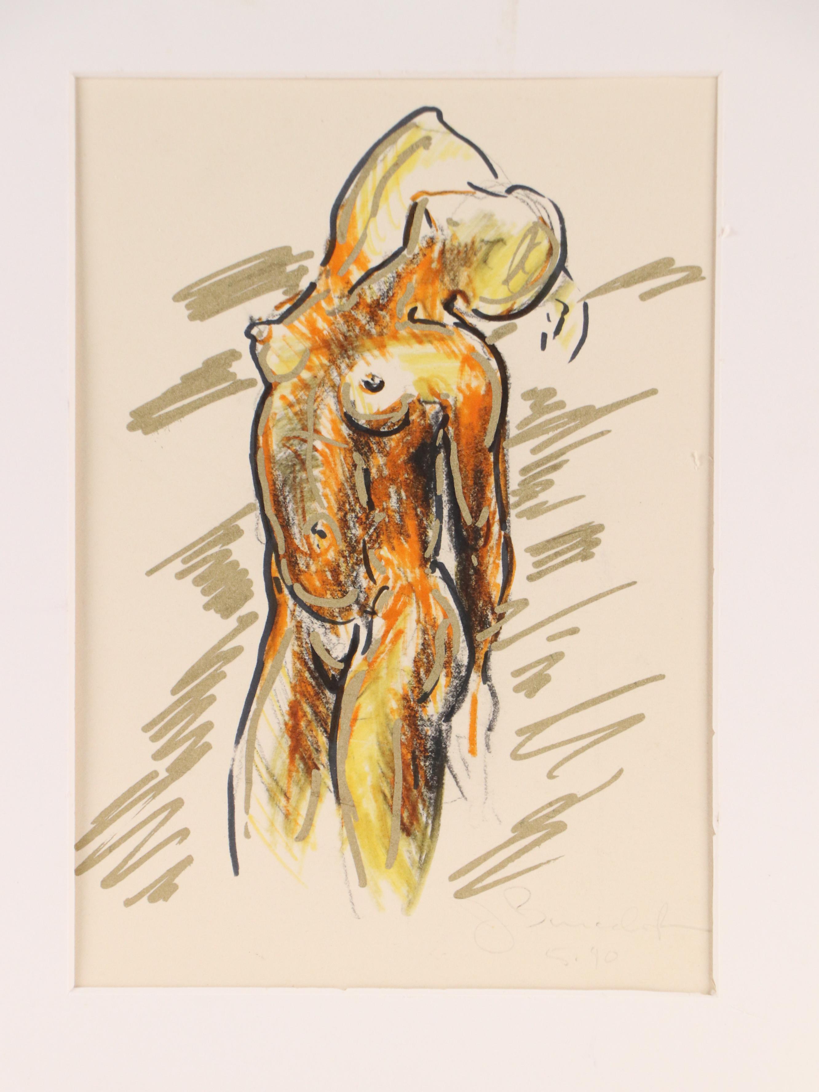 Mixed Media Figural Nude Portrait Drawings, 1990