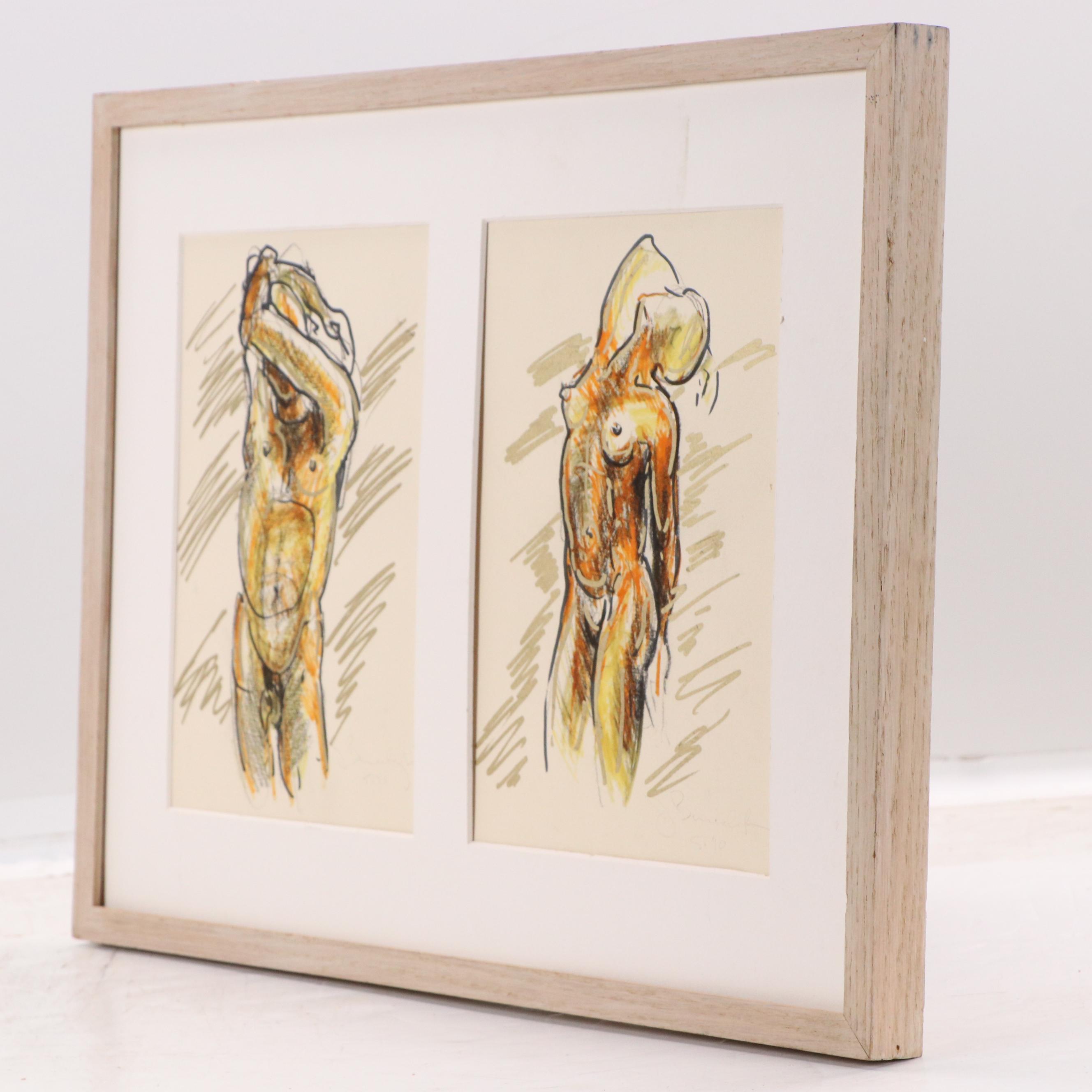 Mixed Media Figural Nude Portrait Drawings, 1990