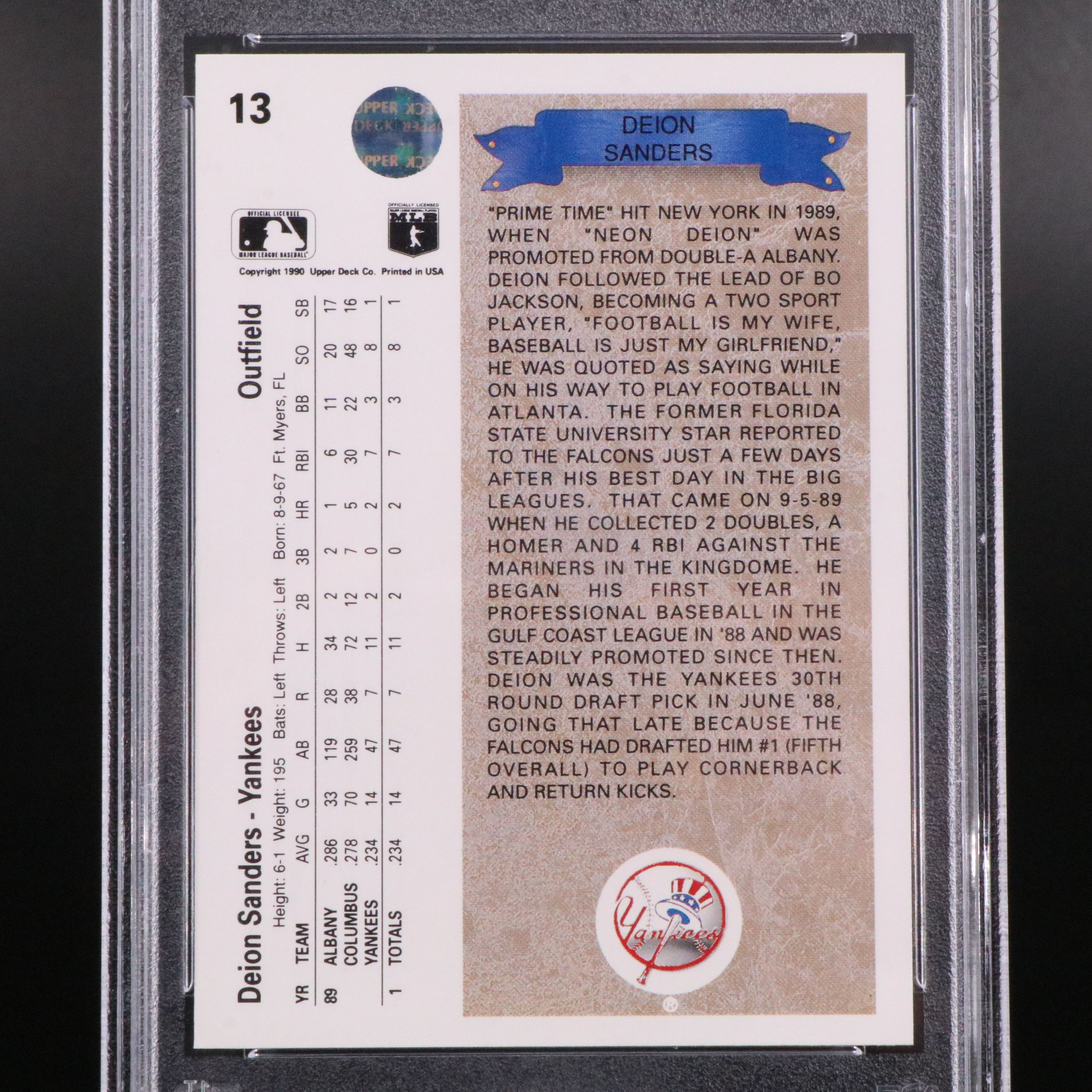 1990 Upper Deck Deion Sanders New York Yankees Star Rookie Card Graded PSA 10