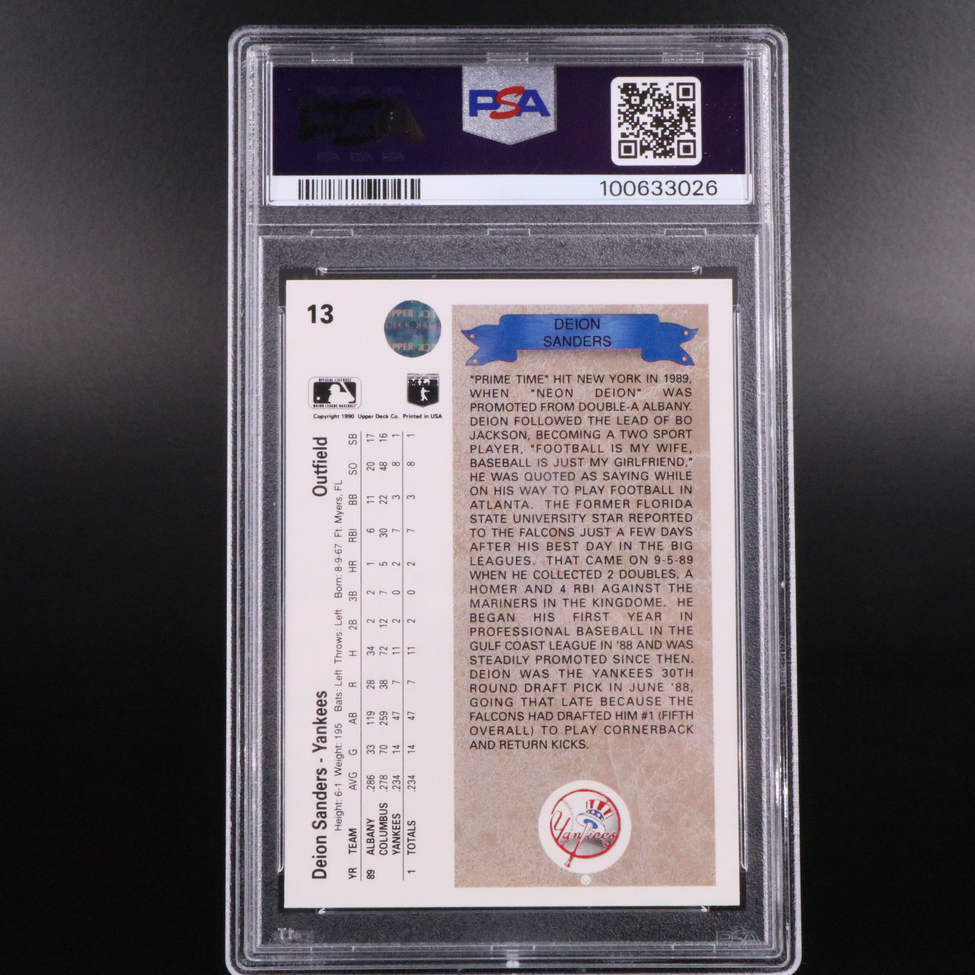 1990 Upper Deck Deion Sanders New York Yankees Star Rookie Card Graded PSA 10