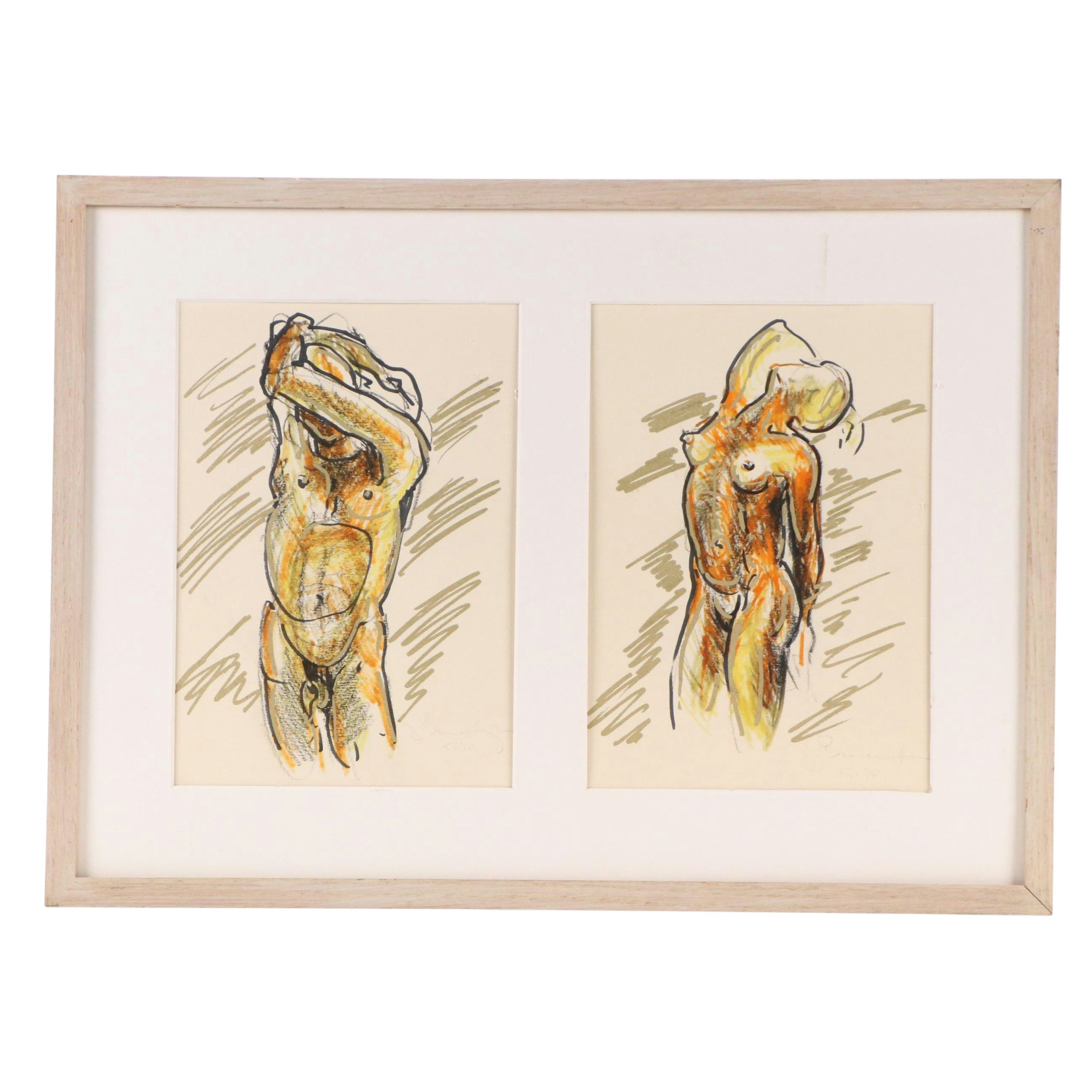 Mixed Media Figural Nude Portrait Drawings, 1990