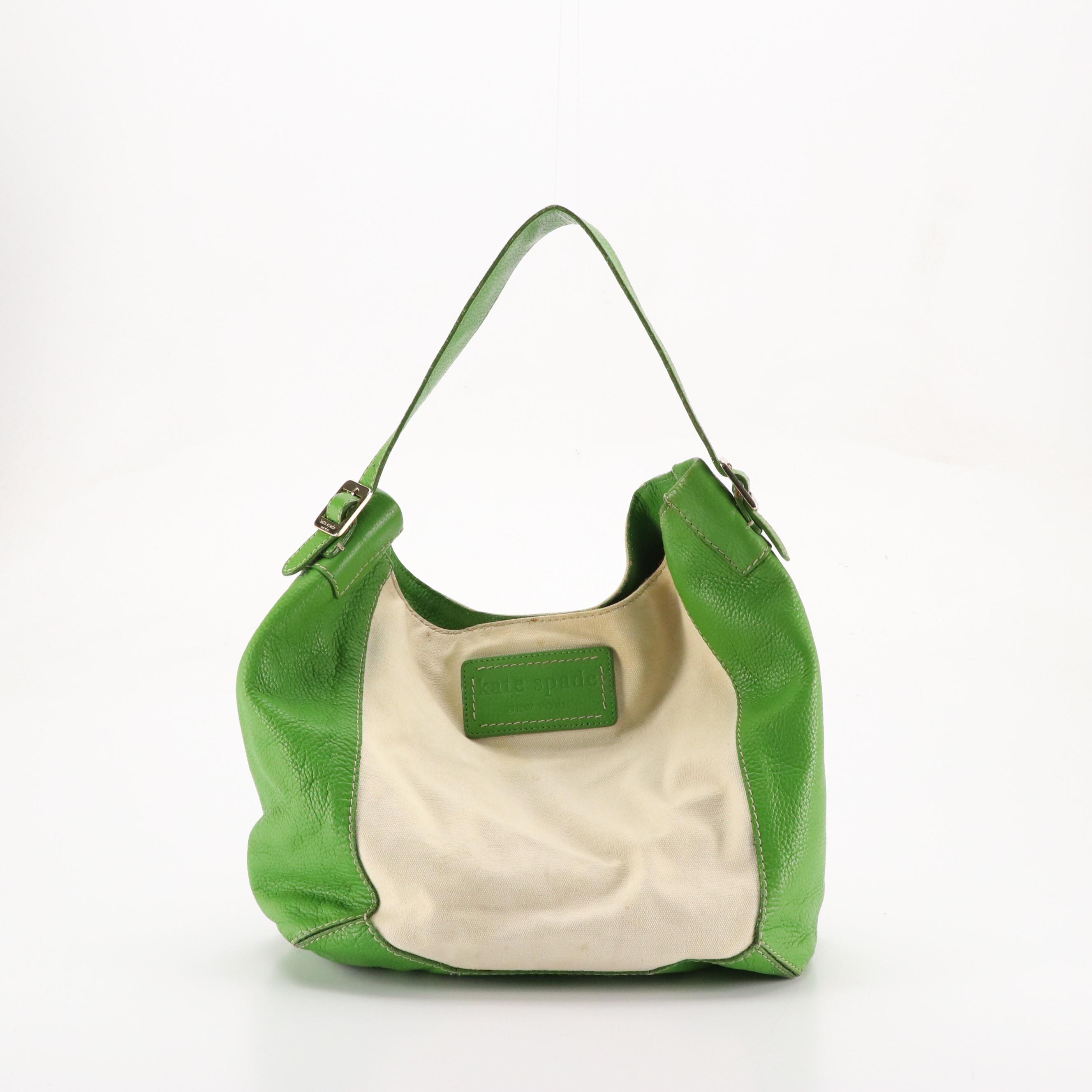 Kate Spade Green Leather Trimmed Hobo Bag, Striped Dome and Green Shoulder Tote