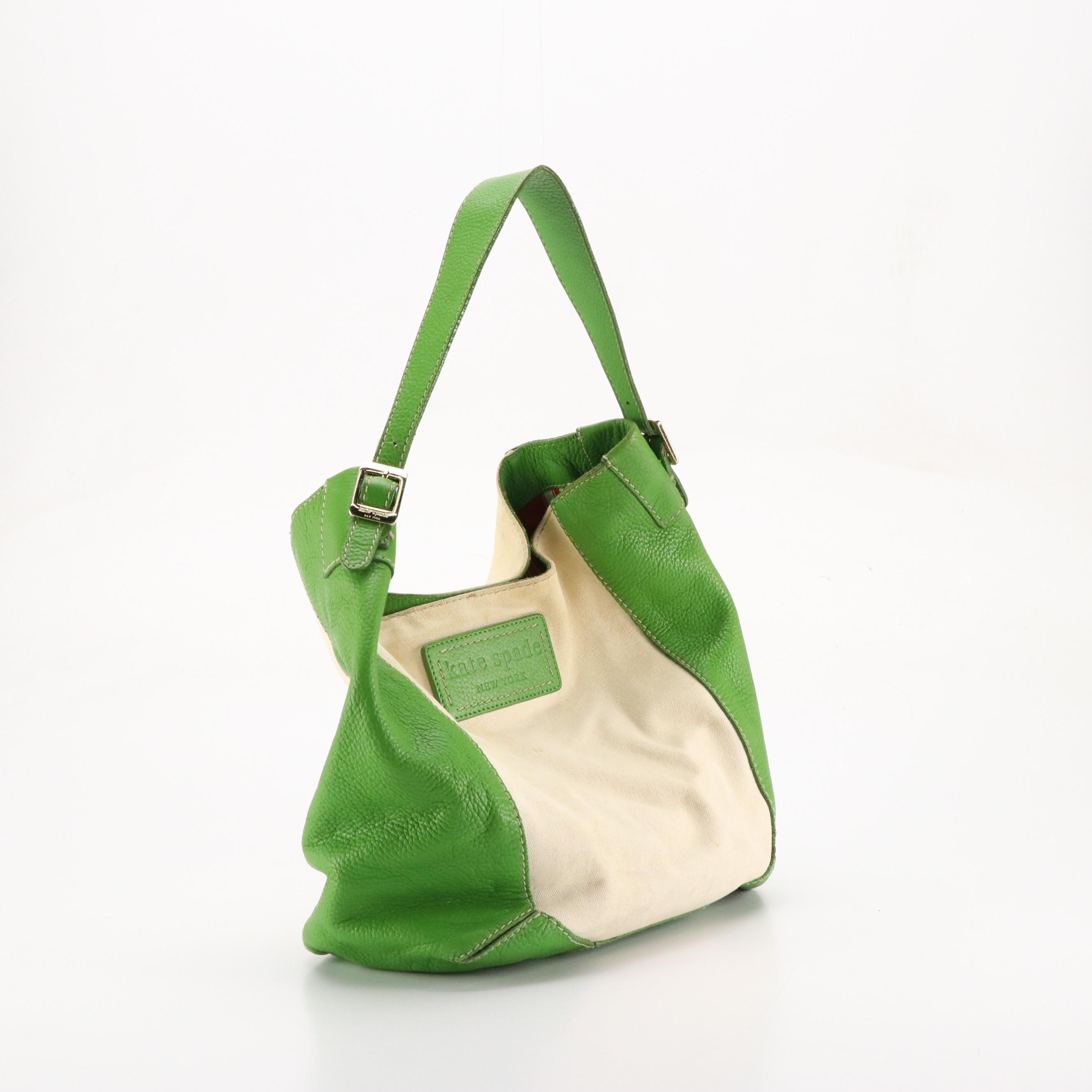 Kate Spade Green Leather Trimmed Hobo Bag, Striped Dome and Green Shoulder Tote