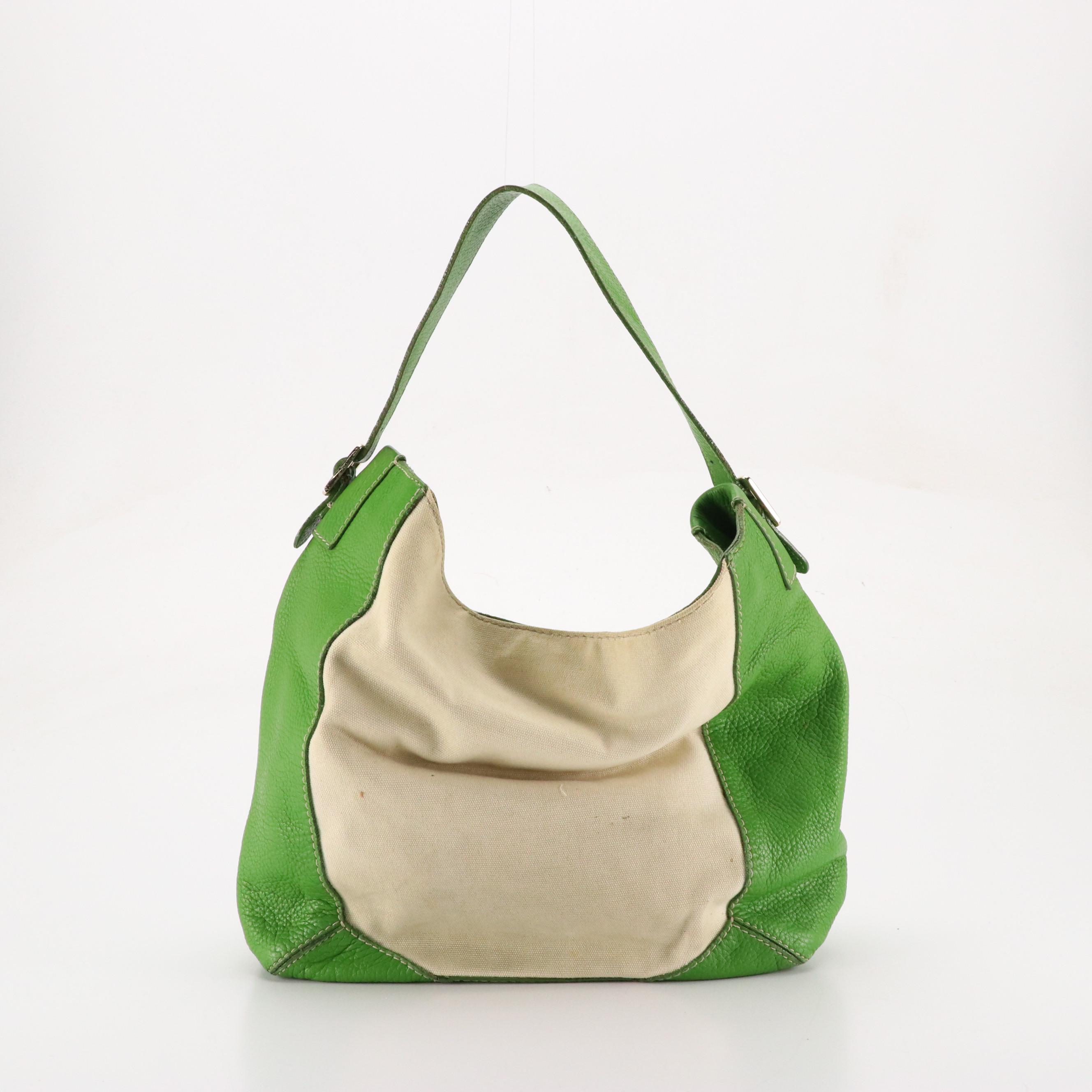 Kate Spade Green Leather Trimmed Hobo Bag, Striped Dome and Green Shoulder Tote