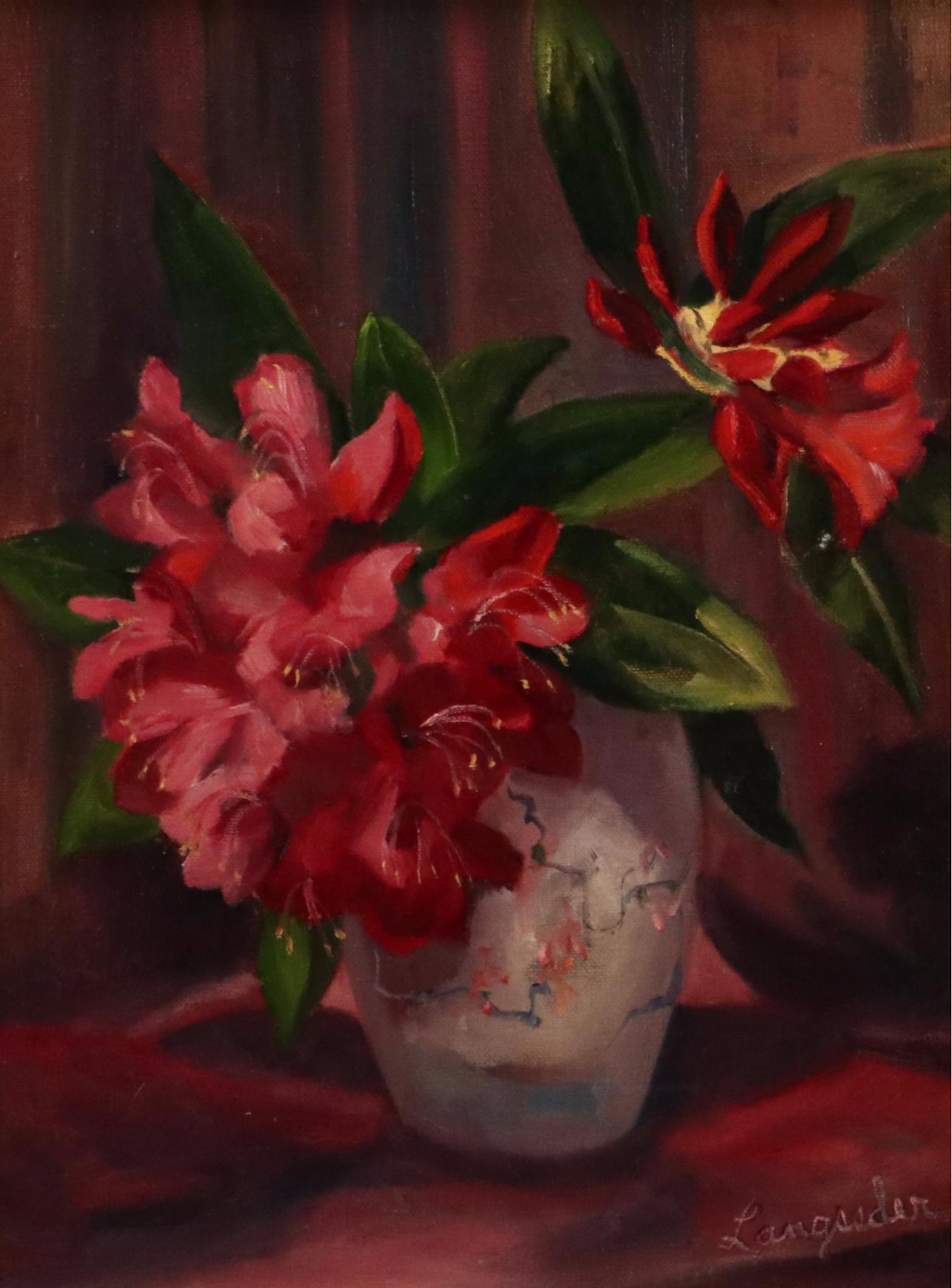 D. Langseder Still Life Oil Painting "Red Rhododendron," 1989