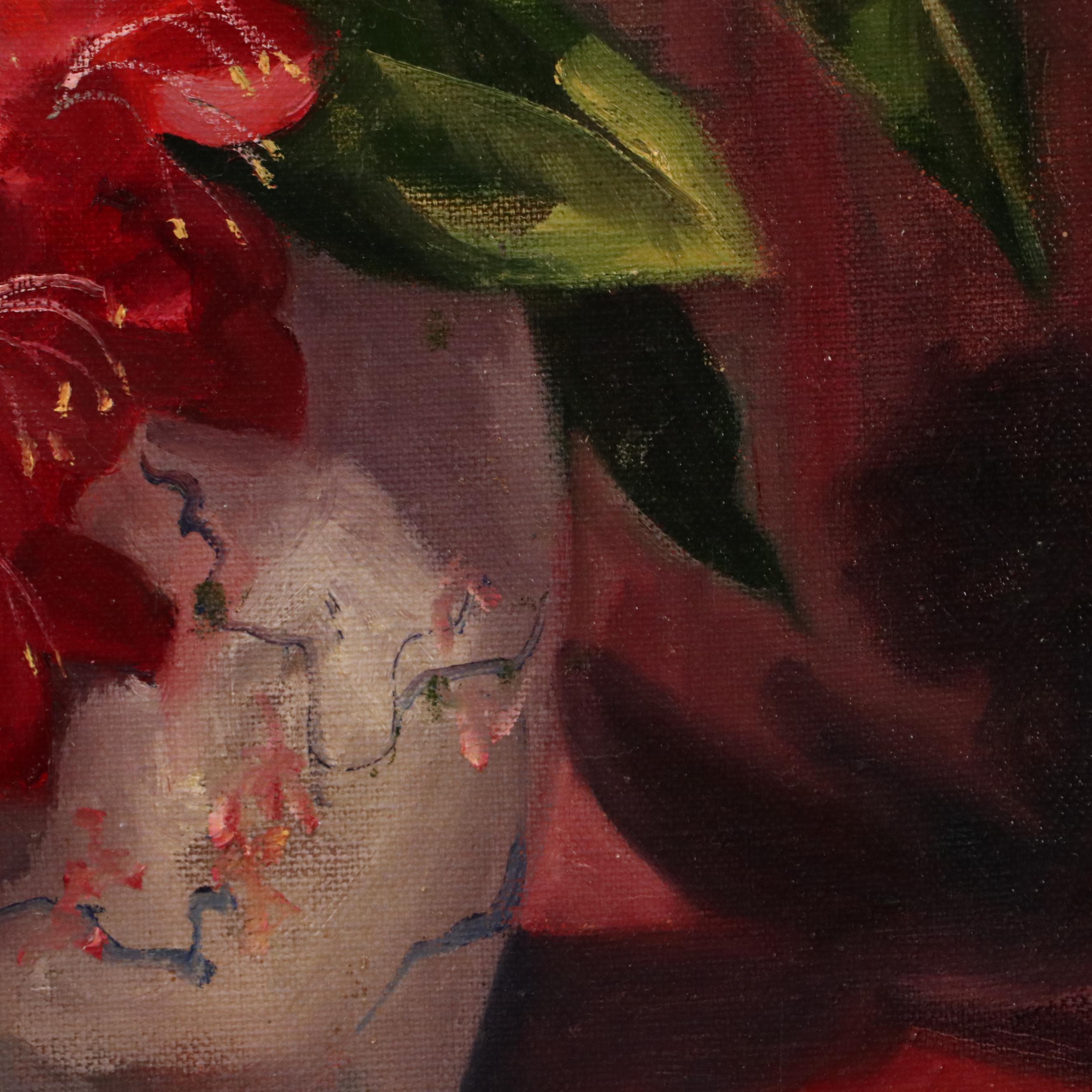 D. Langseder Still Life Oil Painting "Red Rhododendron," 1989