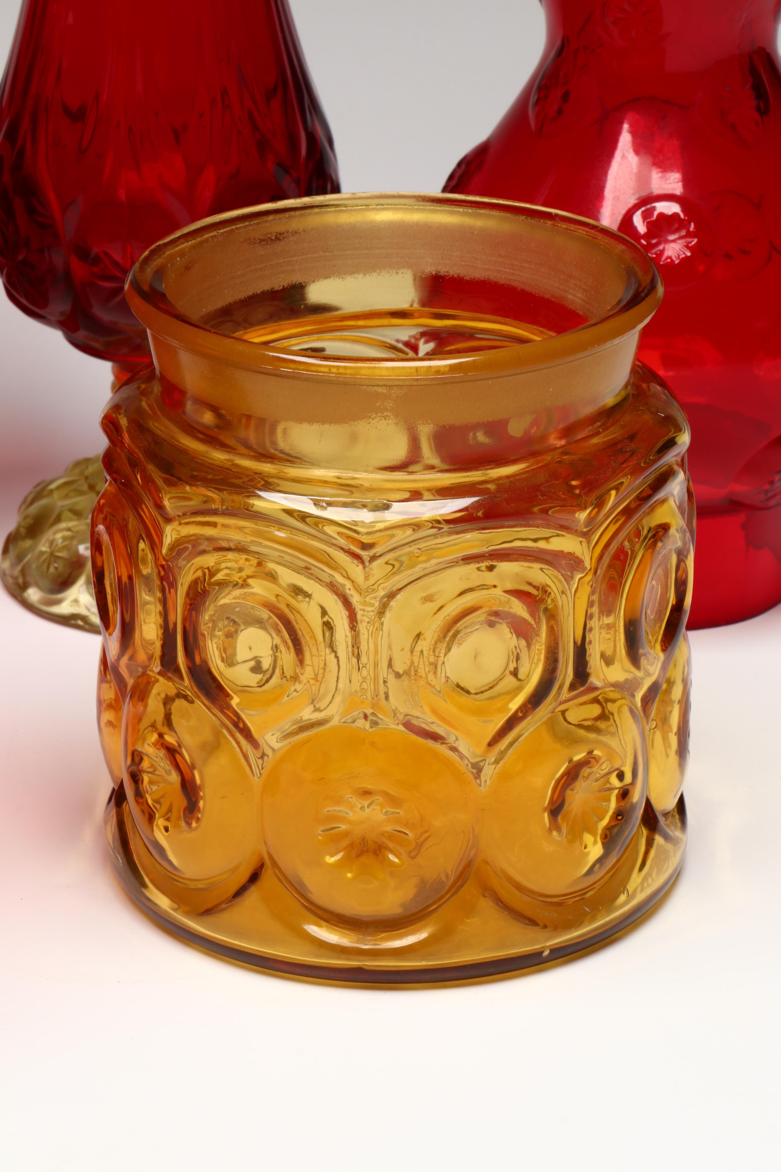 Impressed Cranberry Amber Carnival Glass Vases and Other Tableware