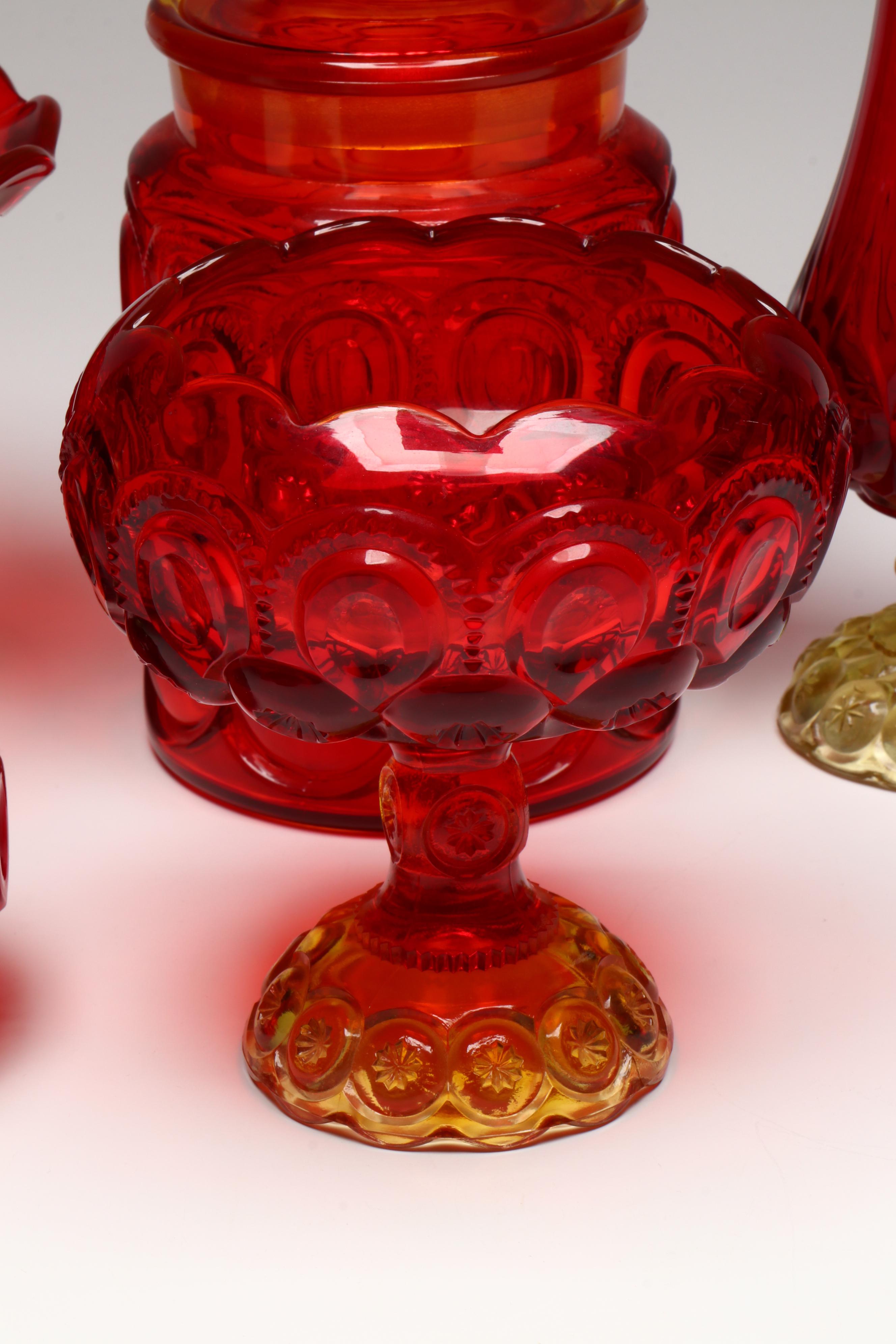Impressed Cranberry Amber Carnival Glass Vases and Other Tableware