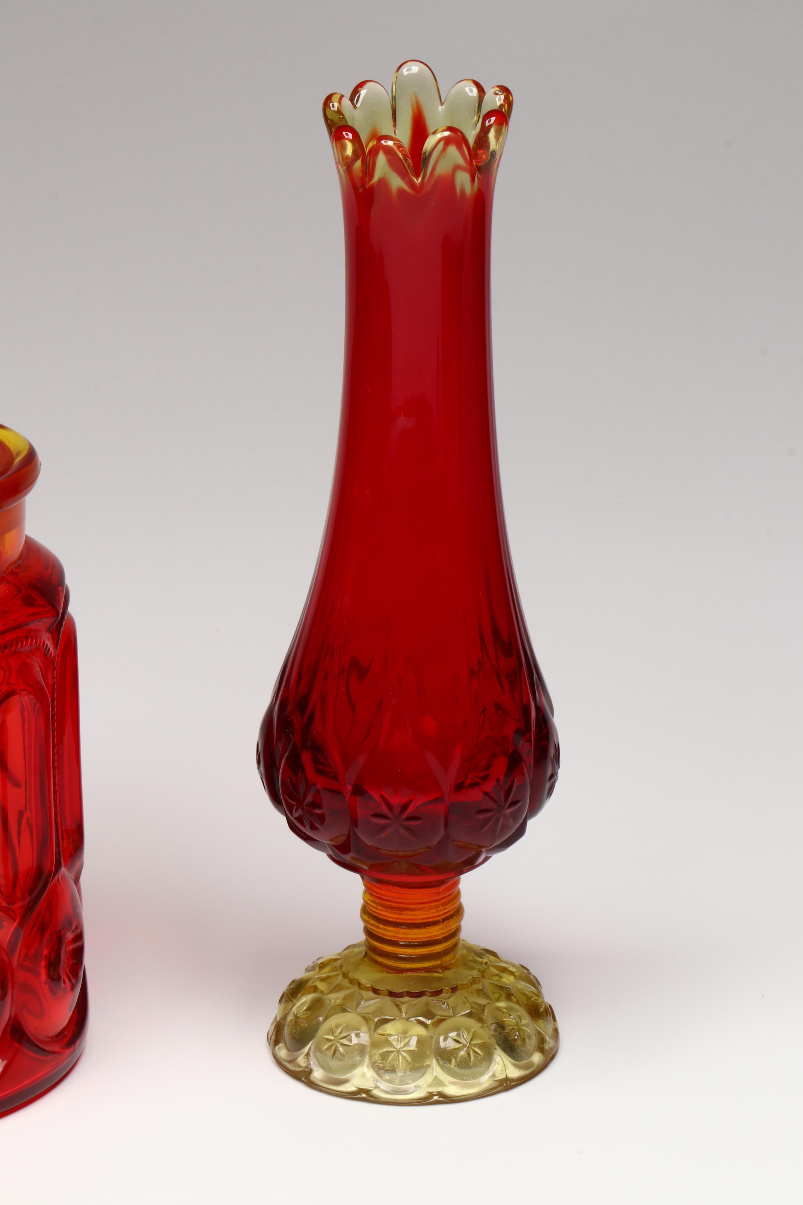 Impressed Cranberry Amber Carnival Glass Vases and Other Tableware