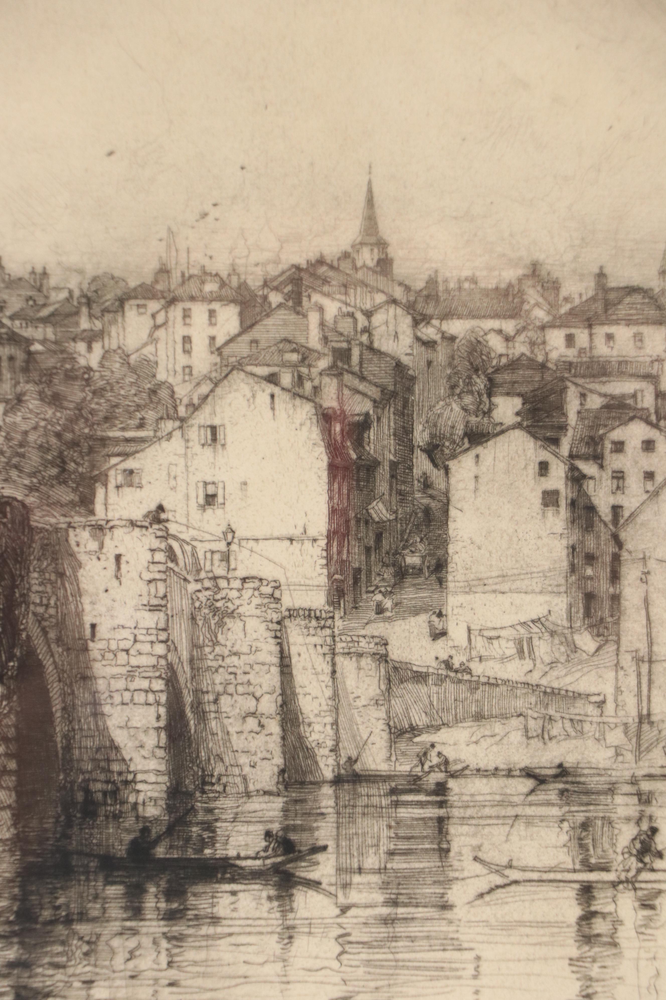 Hedley Fitton Etching "Pont Etienne," Late 19th Century