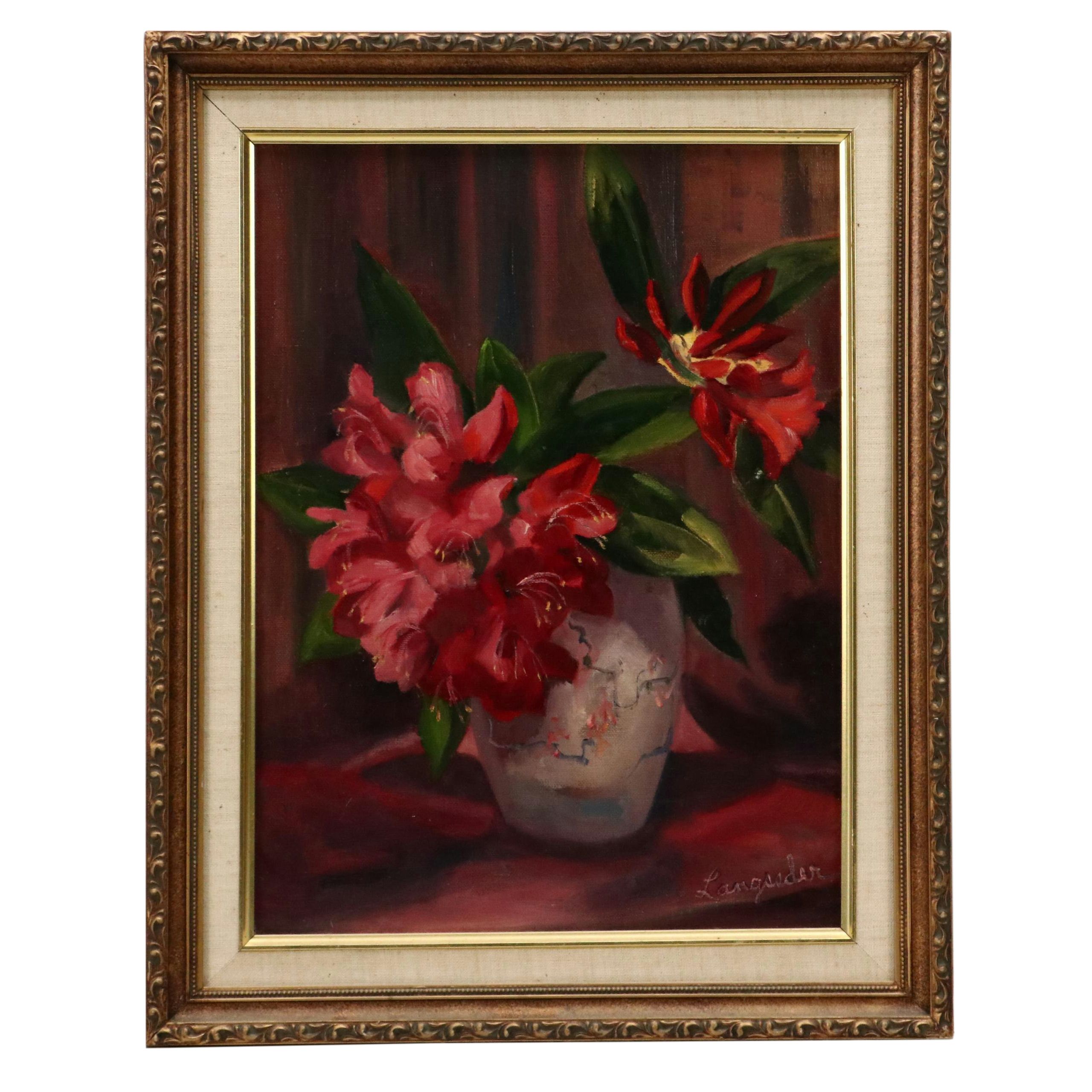 D. Langseder Still Life Oil Painting "Red Rhododendron," 1989