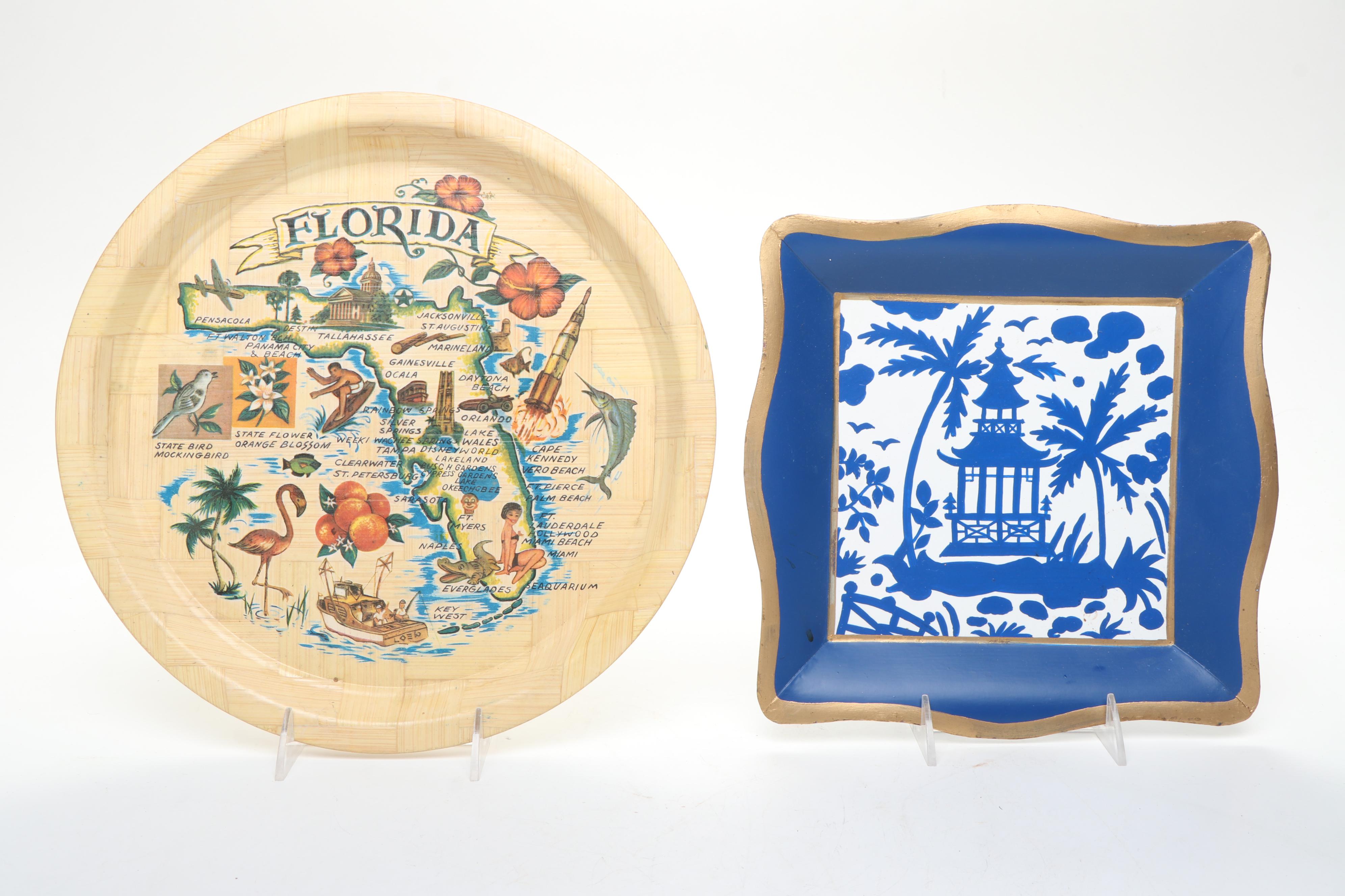 Bamboo Florida Tray, Tortoise Shell Plastic Bowl, and Polychrome Metal Plate