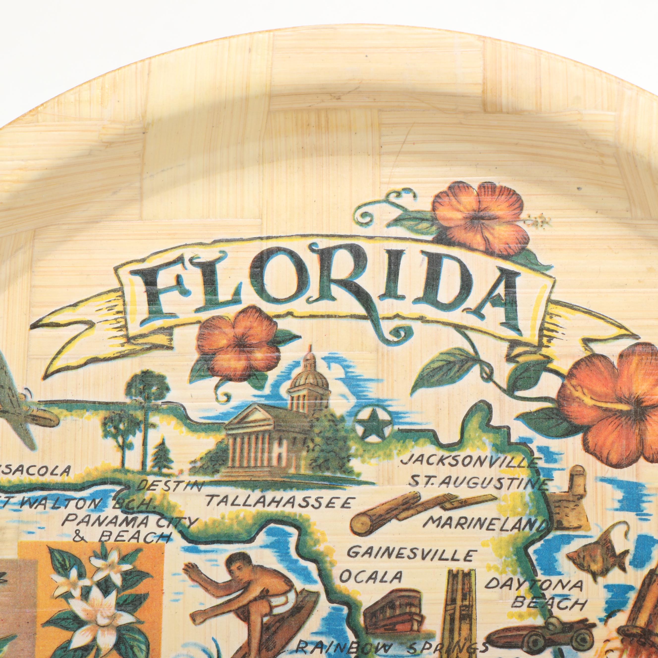 Bamboo Florida Tray, Tortoise Shell Plastic Bowl, and Polychrome Metal Plate