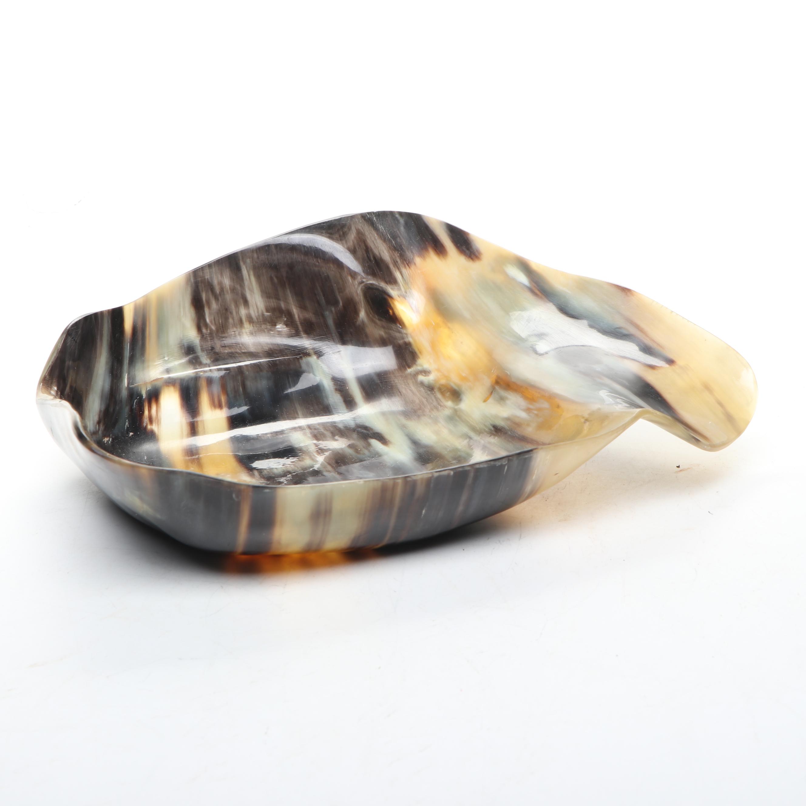 Bamboo Florida Tray, Tortoise Shell Plastic Bowl, and Polychrome Metal Plate