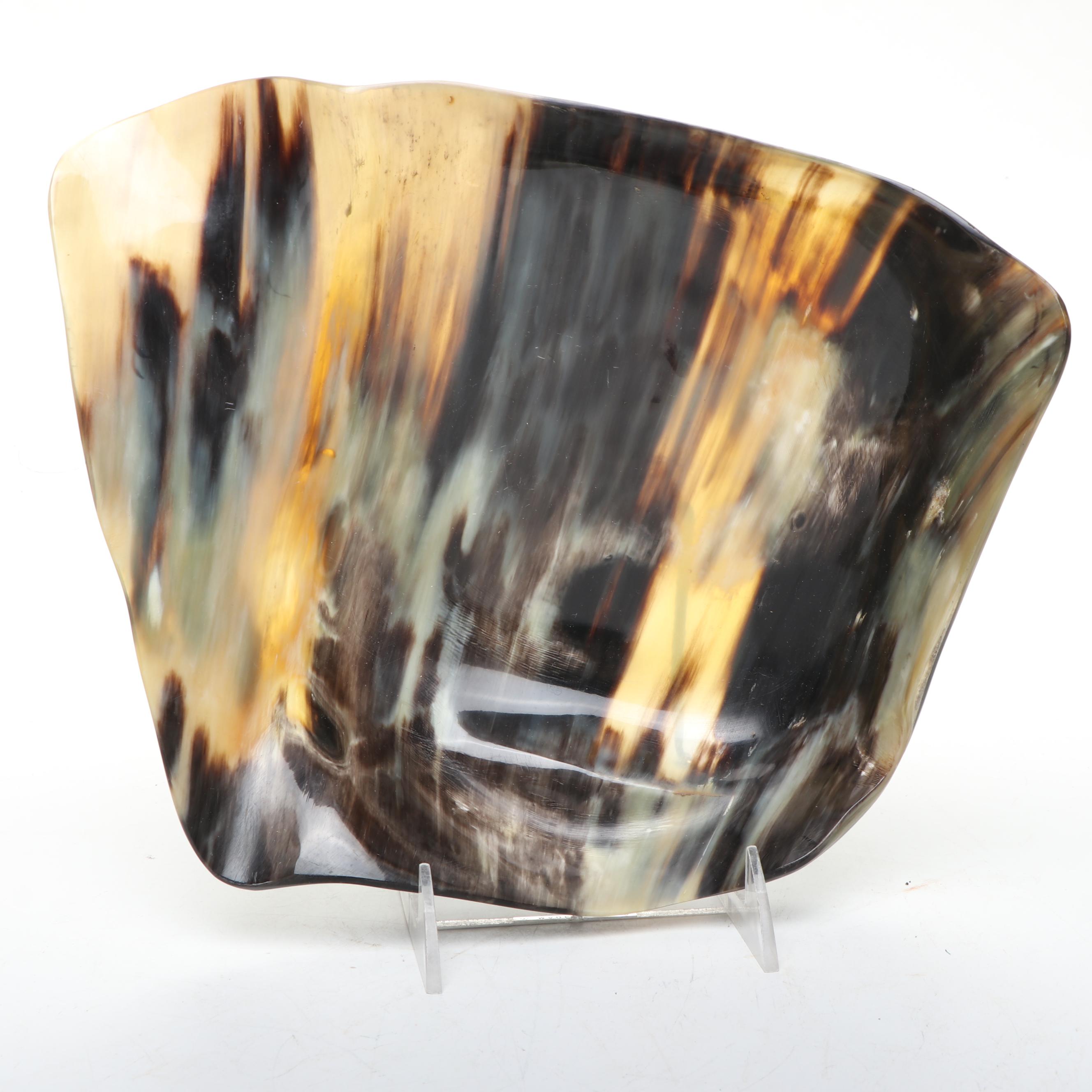 Bamboo Florida Tray, Tortoise Shell Plastic Bowl, and Polychrome Metal Plate