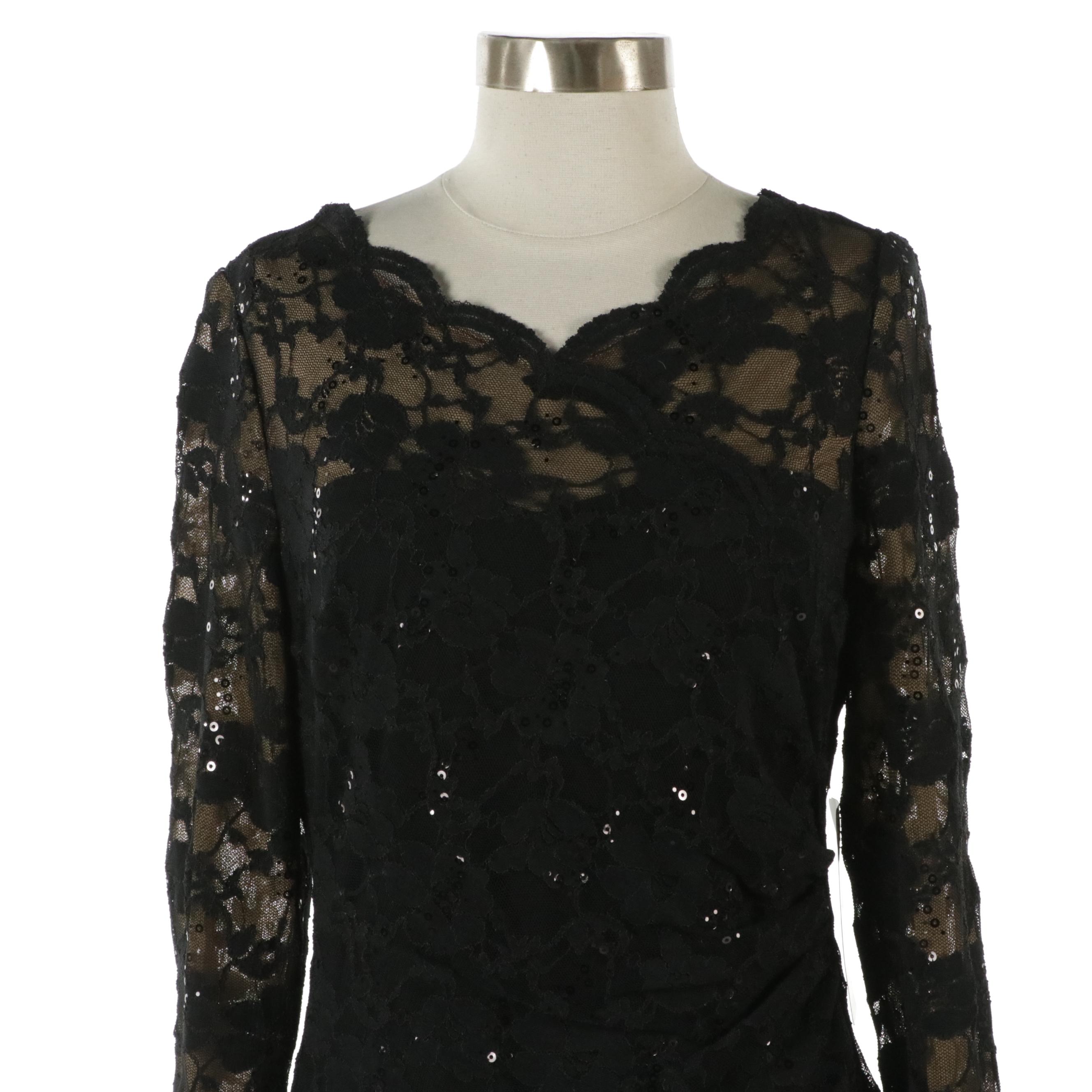 Lauren Ralph Lauren Illusion Bodice Sequin Lace Ruched Dress